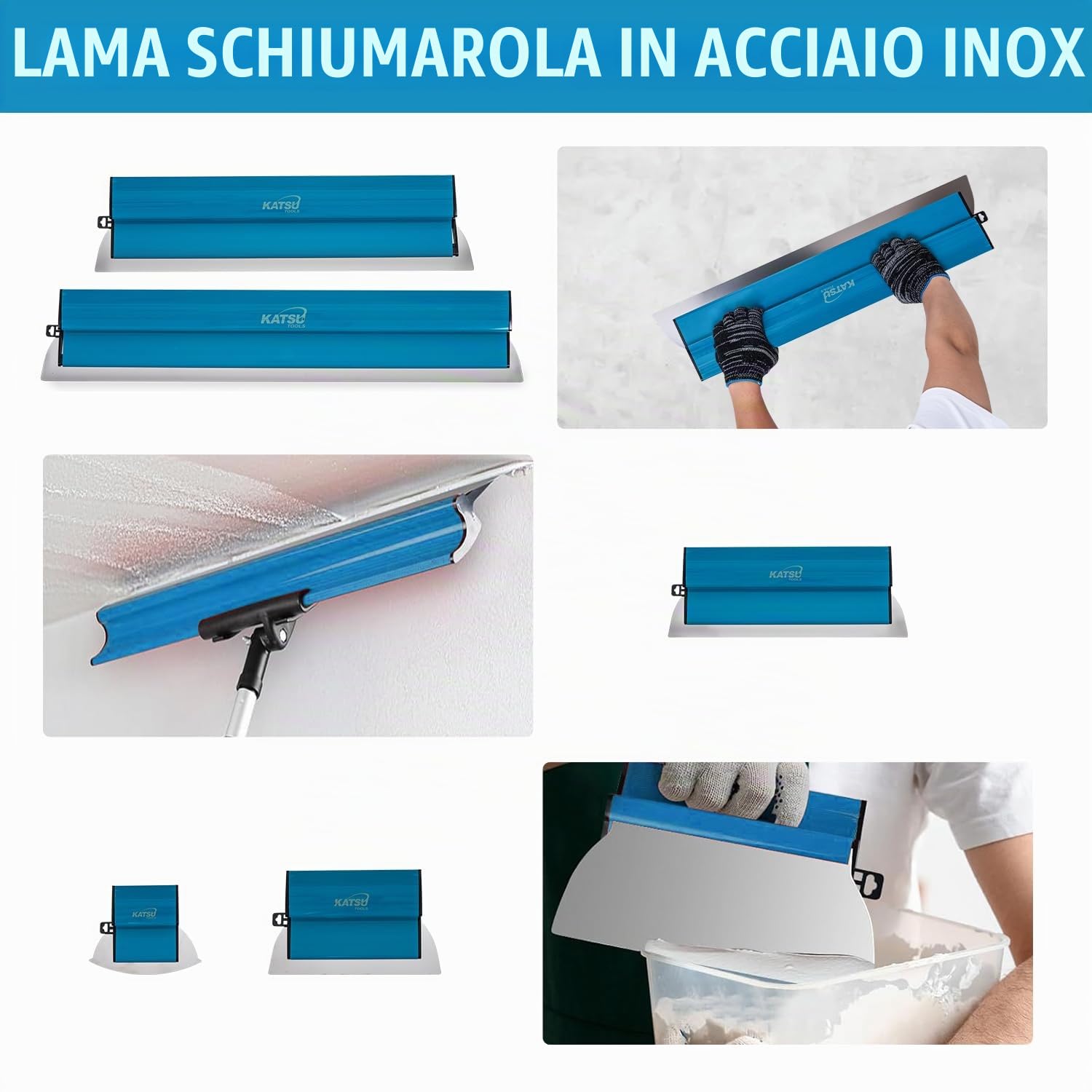 KATSU Tools Spatole per Stucco Kit, Frattazzo per Stucco in Acciaio Inox da 25+40+60+80 cm, Spatola di Finitura per Intonacare Pareti e Soffitti