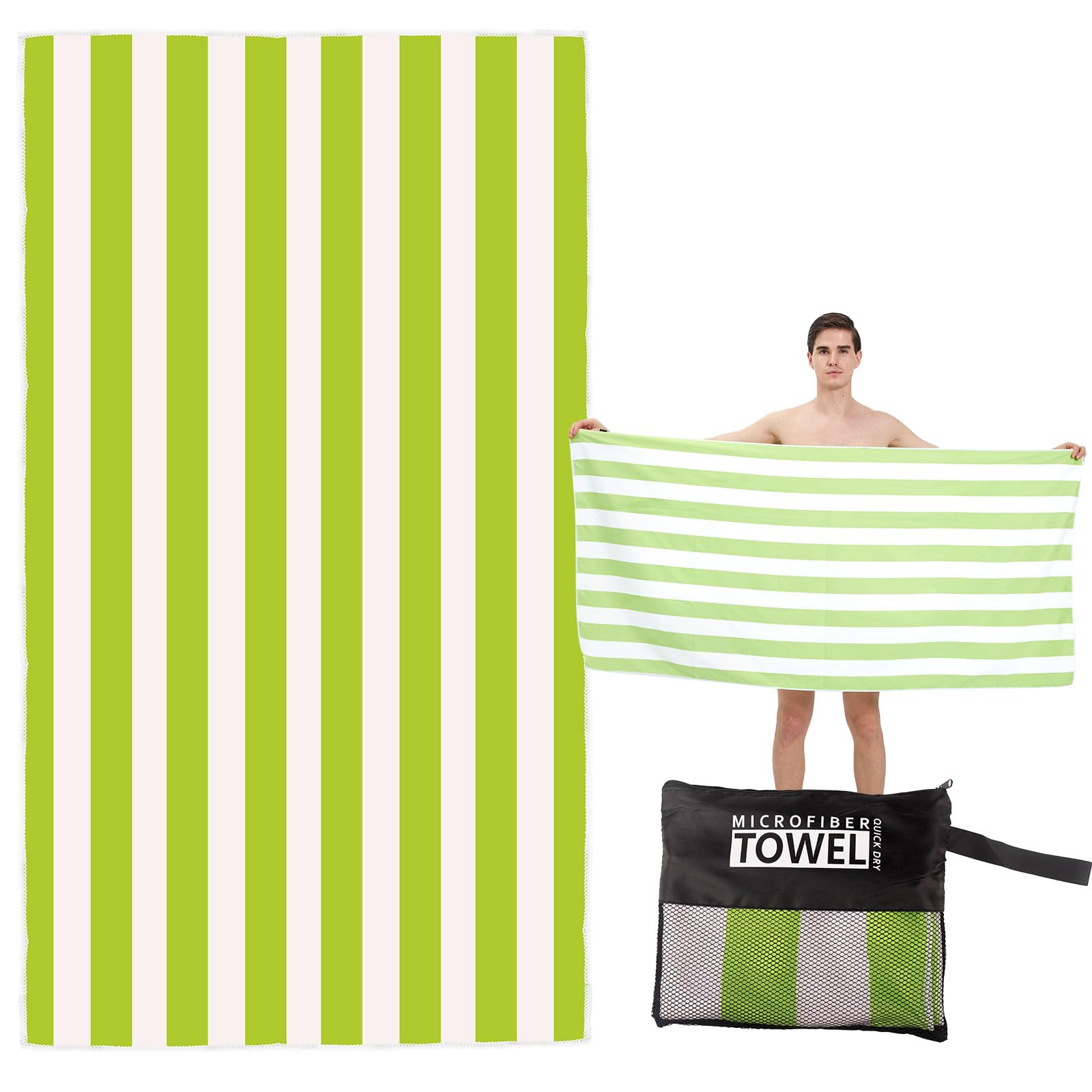 Large Quick Dry Microfibre Beach Towel 160x90cm, Double Sided Green & White Striped Lightweight Travel Towel with Carry Bag, Compact Fast Drying Gym Yoga Sports Swimming Towel for Adults, Women & Men