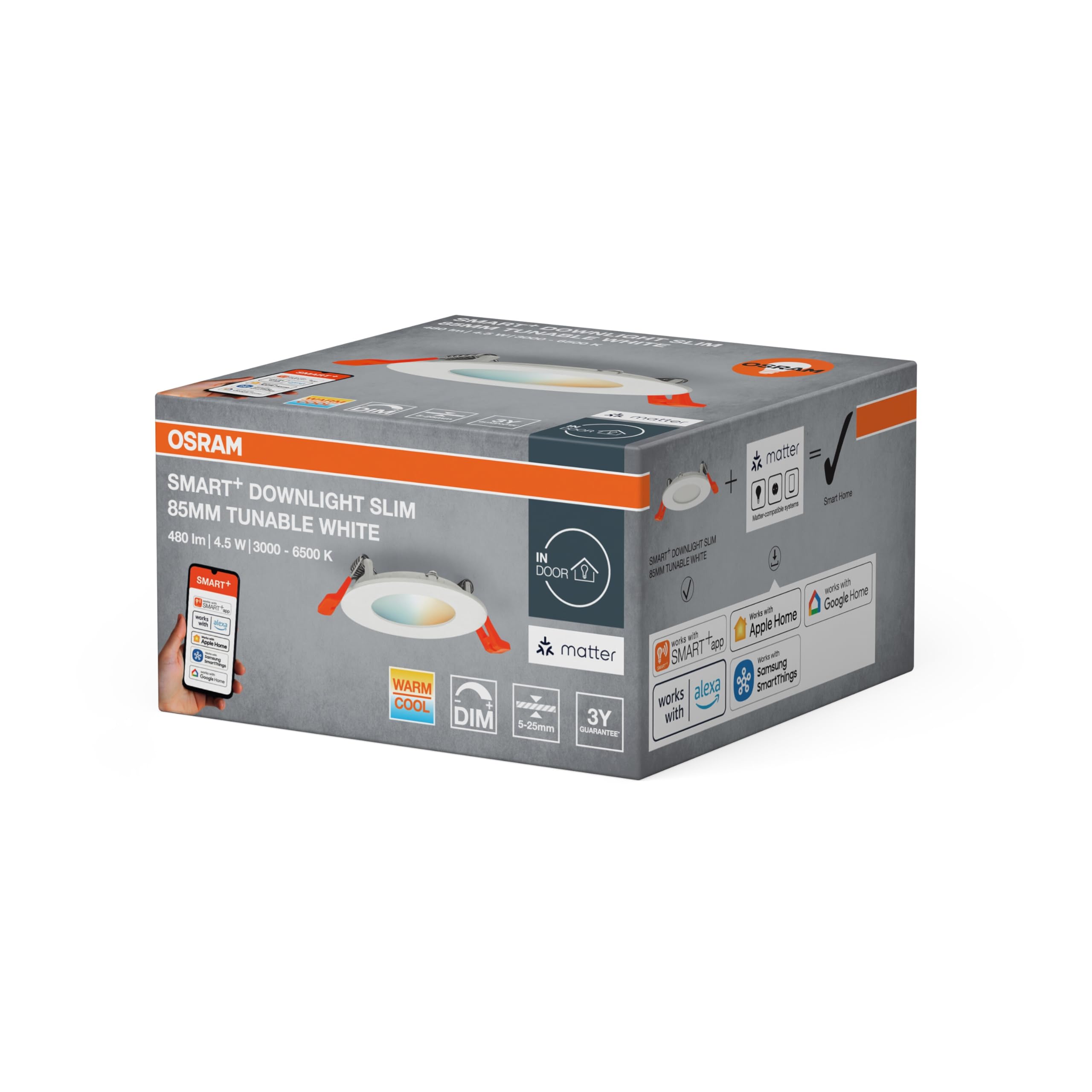 OSRAM SMART+ Matter Recess Slim LED Downlight Biały 85mm, 4. 5W, 240lm, TW 3000-6500K, Matter WiFi, Alexa, Wpuszczany
