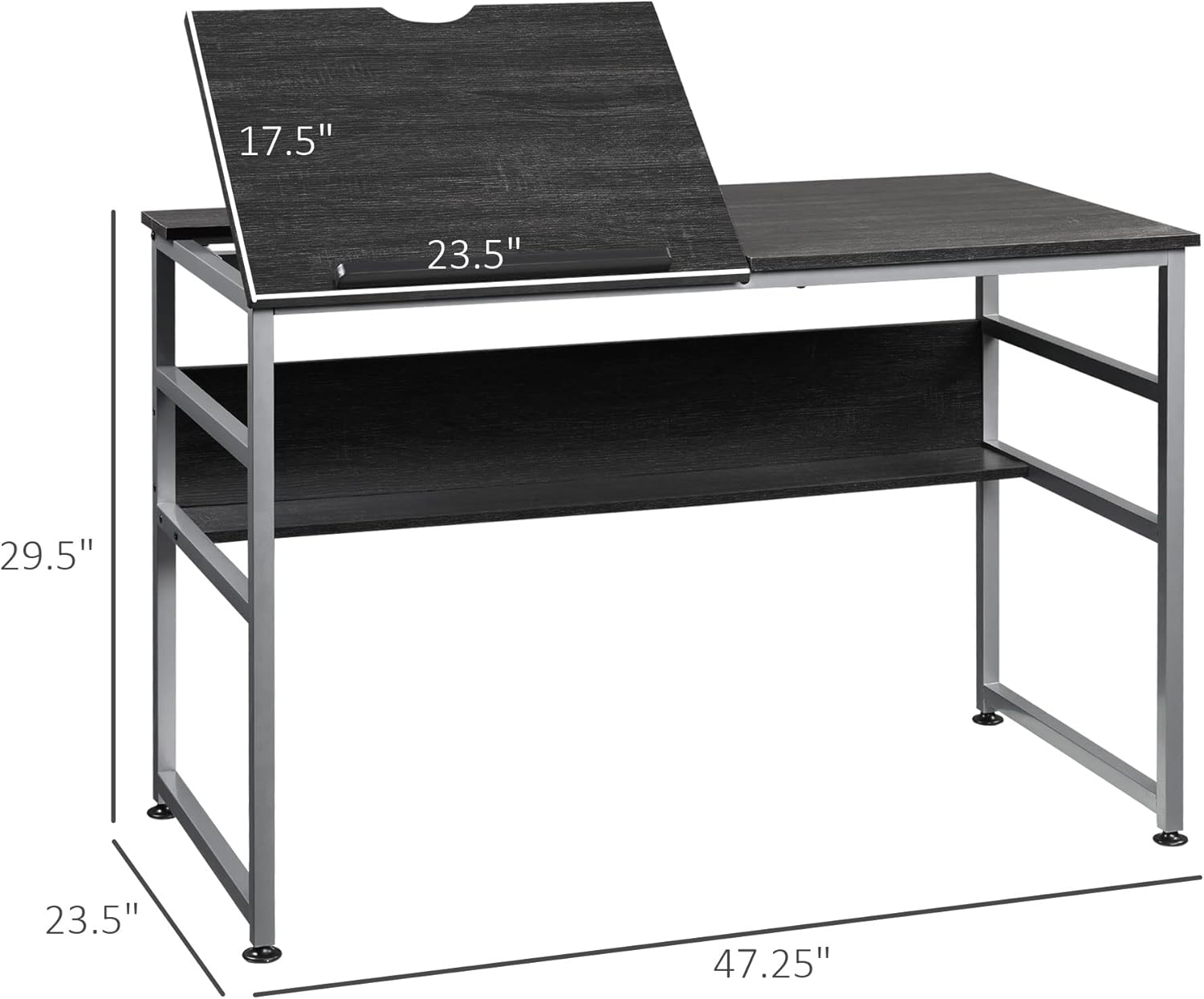 Diagram showing the dimensions of the HOMCOM Drafting Table: 29.5 inches height, 47.25 inches width, 23.5 inches depth. The tiltable section measures 17.5 inches by 23.5 inches.