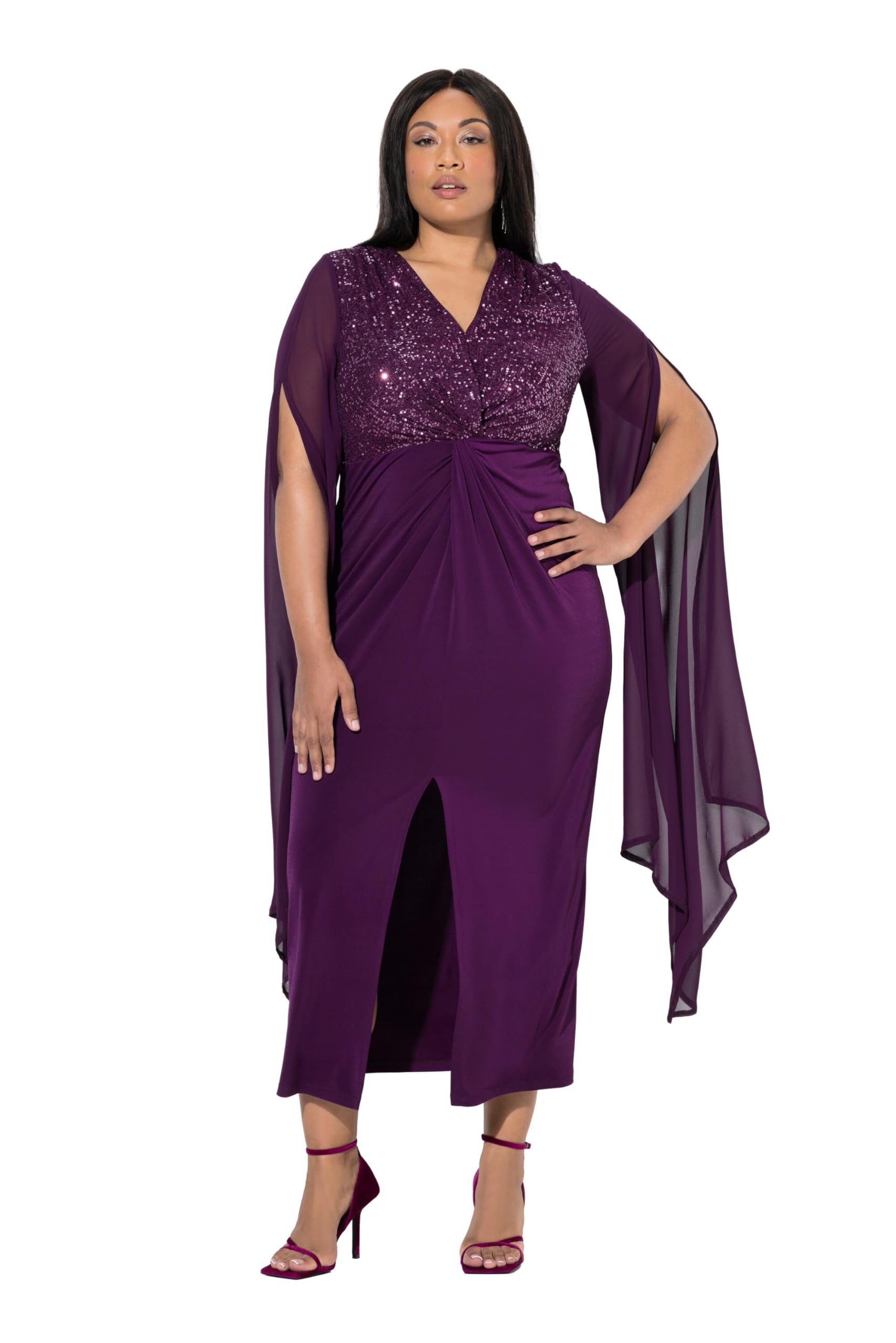 Ulla Popken Damen große Größen Übergrößen Plus Size Chiffon-Maxikleid, Pailletten, V-Ausschnitt, Langarm 847372