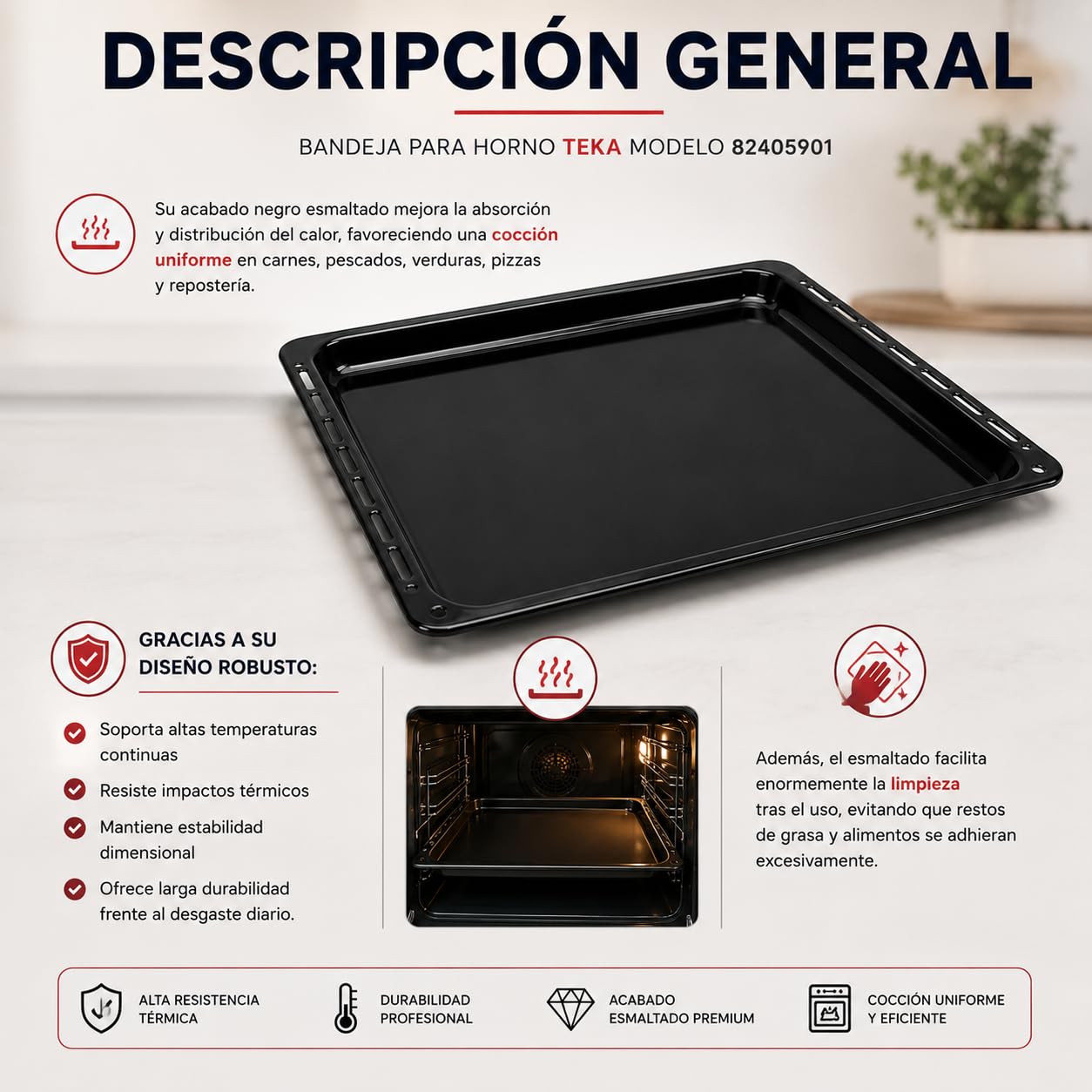 CABLEPELADO Bandeja para horno Teka | modelo 82405901 | Bandeja profunda esmaltada Horno Teka | 368 mm profundo x 460 mm ancho