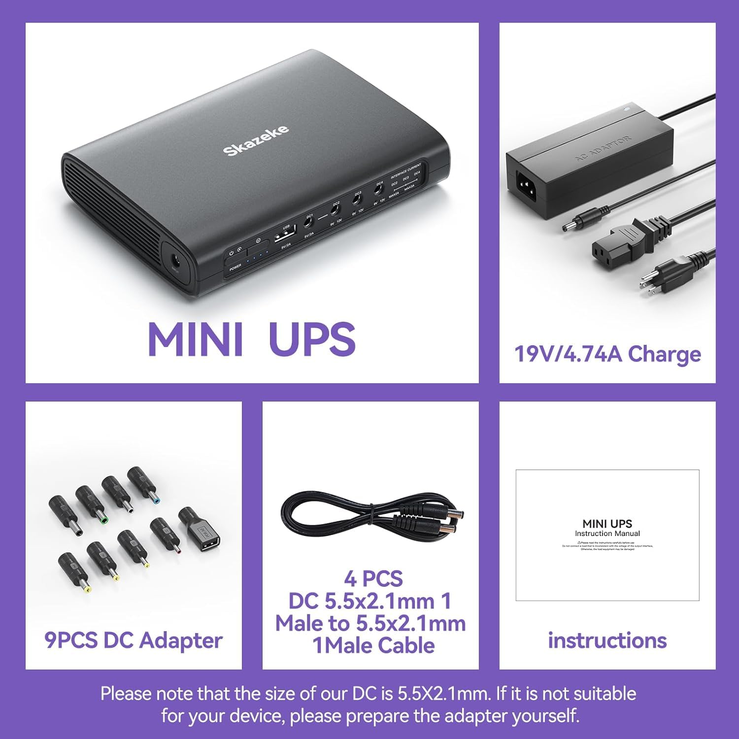 Mini UPS Skazeke 20000 mAh Mini UPS con 5 uscite DC 5V/9V/12V/3A,USB 5V/3A, alimentazione Wi-Fi senza interruzioni per router/modem/telecamera IP/pompa