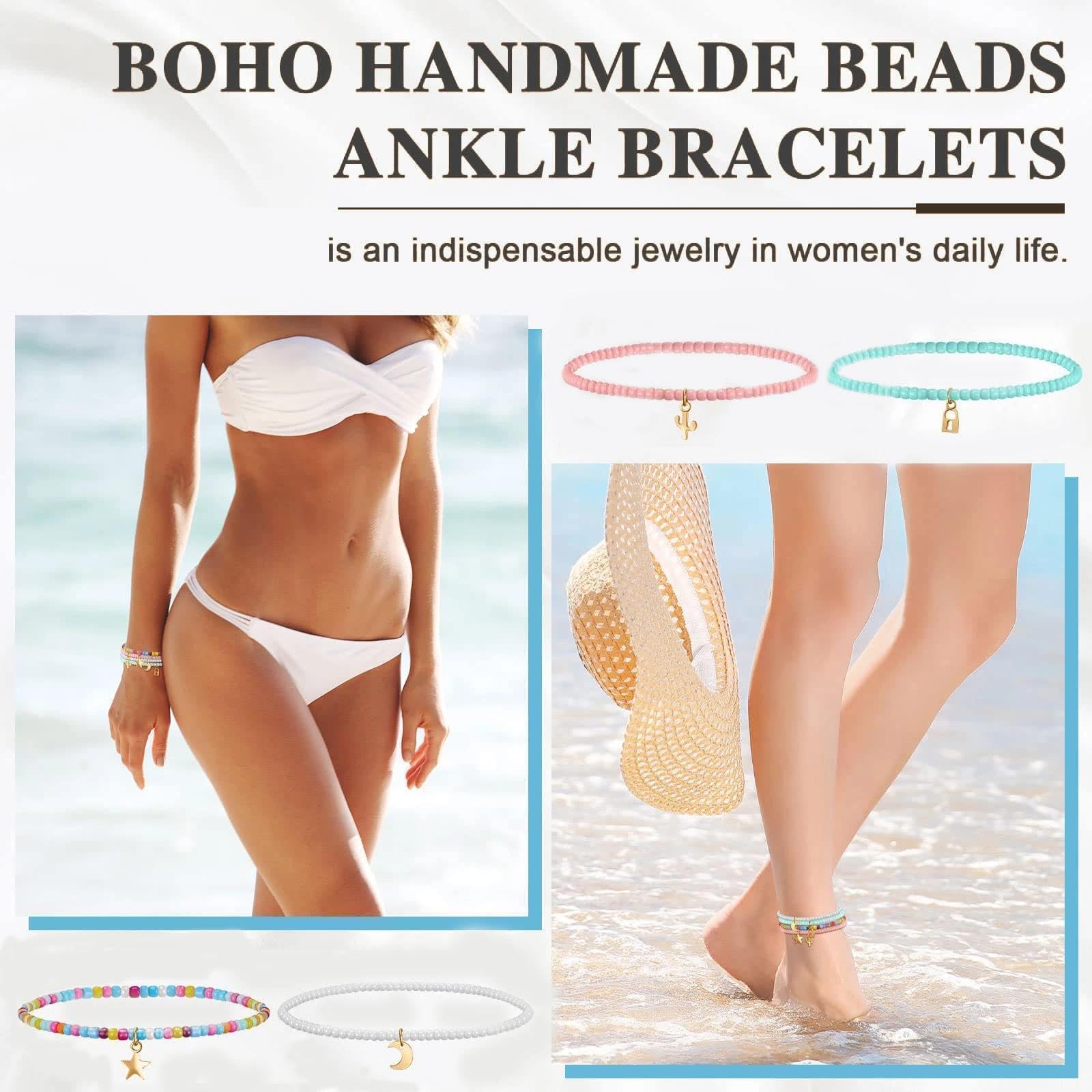 Cavigliere da Donna, 4 pezzi Boho per Estate Bracciale Elastico con Perline Colorate Cavigliere Bohémien, per Donne Ragazze Stratificate Caviglieres Impermeabili Gioielli Spiaggia