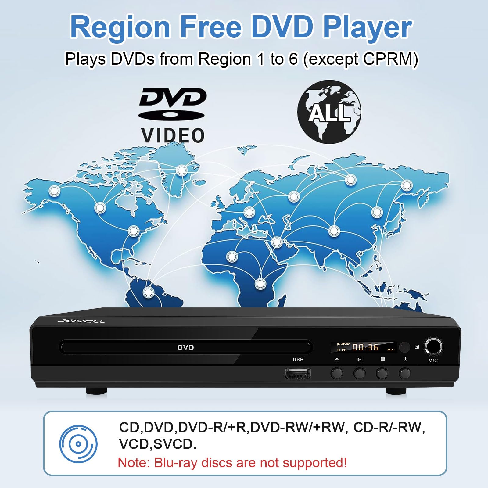 Reproductor de DVD para TV con Euroconector, JOVELL Reproductores de DVD Multiregión con Entrada USB, Salida HDMI AV, PAL NTSC Integrado, Reproduce Varios Formatos (No BLU-Ray, Modelo-170)