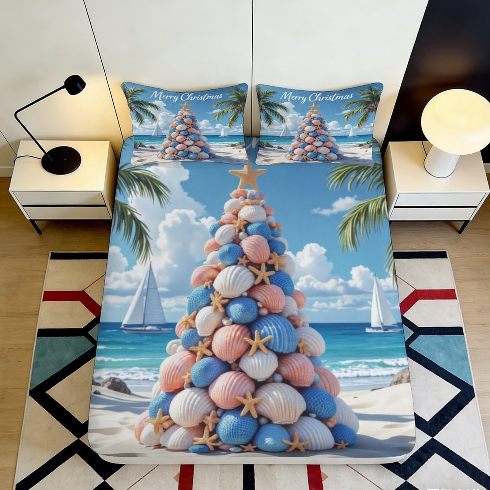 3D Printed Beach Seashell Tree Fitted Sheet Microfiber Soft Mattress Cover for Bedroom Guest Room Decor 90x200x25cm