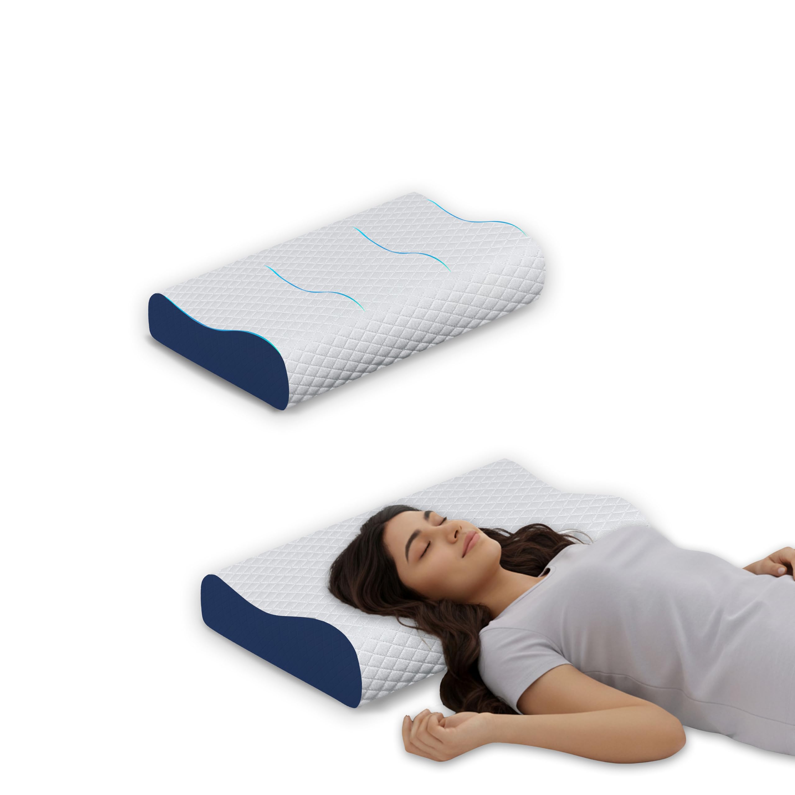 Orthopedic Memory Foam Pillow, Ergonomic Cervical Contour Breathable Design, Cooling Soft Cushion for Neck and Shoulder Support, Washable Cover, Dual Height 6cm & 9cm, Blue