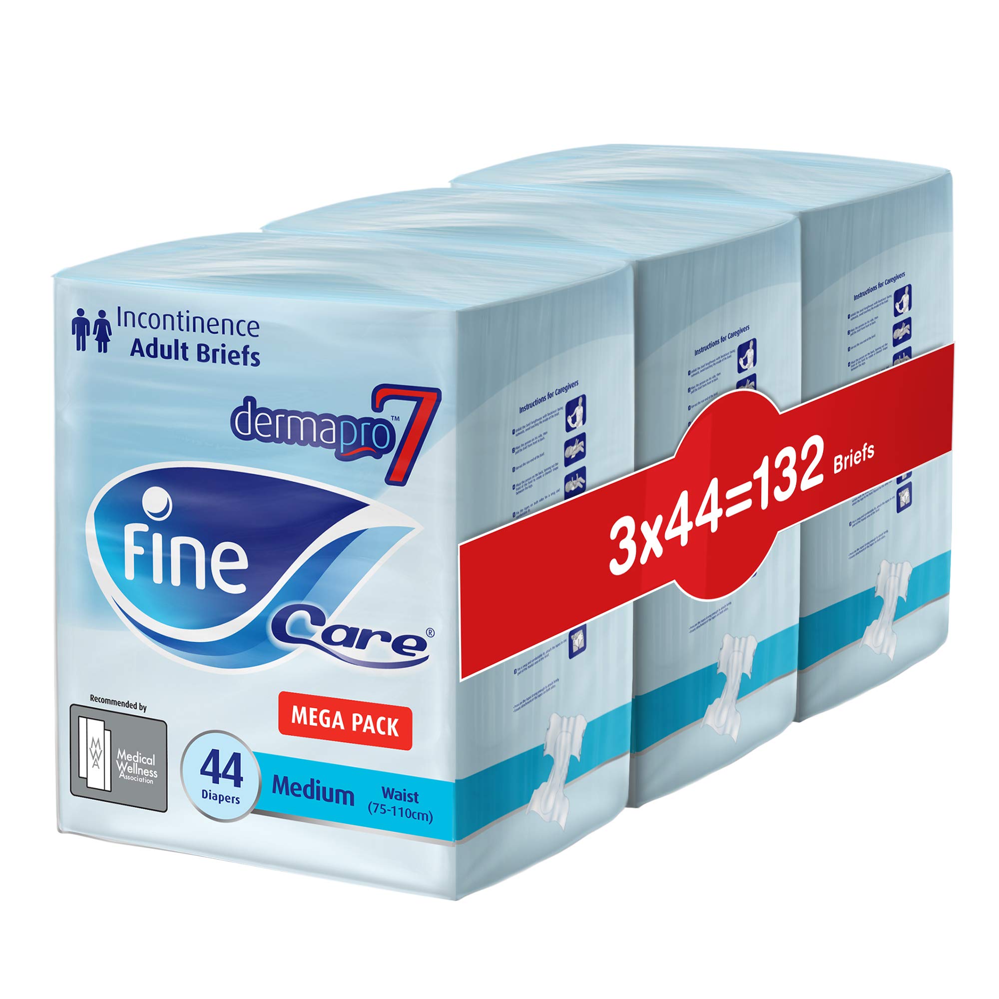 Fine Care Adult Incontinence Diaper Briefs, Medium Size 75 – 110cm, 132 Diapers