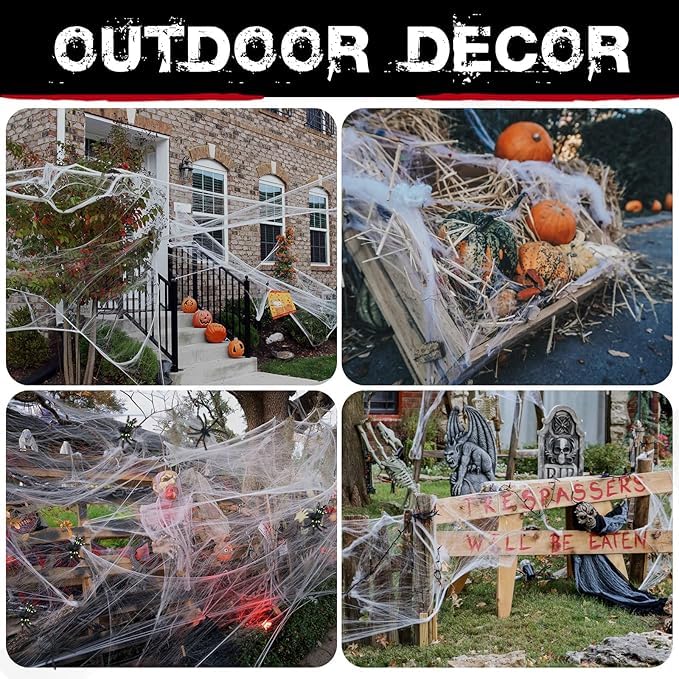 PartyToko 500 sqft Spider Webs Halloween Decorations Bonus with 10 Fake Spiders, Super Stretch Cobwebs for Halloween Indoor and Outdoor Party Supplies 3