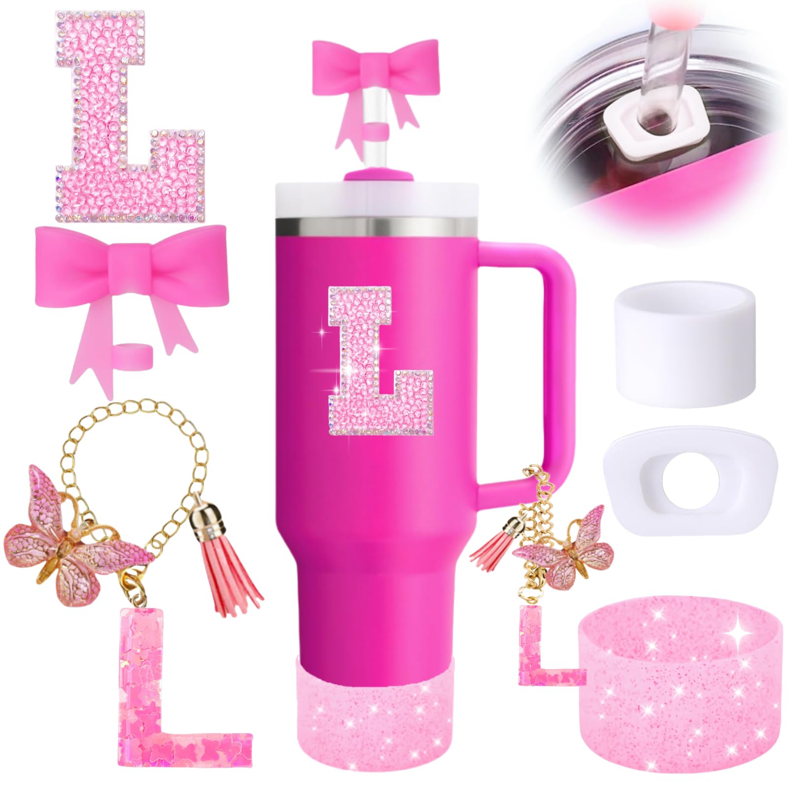 MOTEERLLU 6PCS Pink Stanley Cup Accessories Set, Initials Decorations for Stanley Cup 30oz 40oz, Includes Bow Straw Topper, Handle Charm, Letter Sticker, Silicone Boot, Spill Proof Stopper (Letter L)