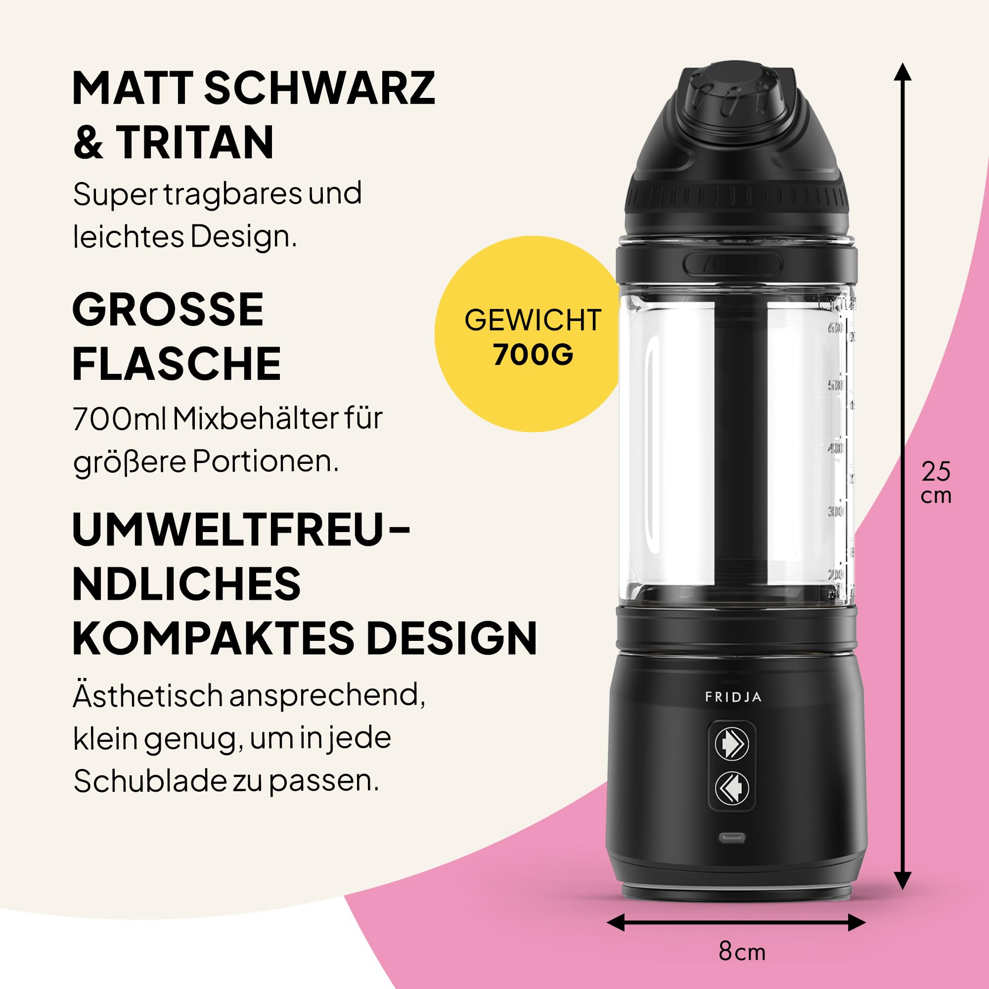 Fridja F500 Tragbarer Mixer – Premium USB-C wiederaufladbar, auslaufsicher & kompakt – BPA-frei, 6 gezackte Edelstahl-Klingen, 240W, 700 ml – Ideal für Smoothies, Proteinshakes, Reisen & Fitnessstudio