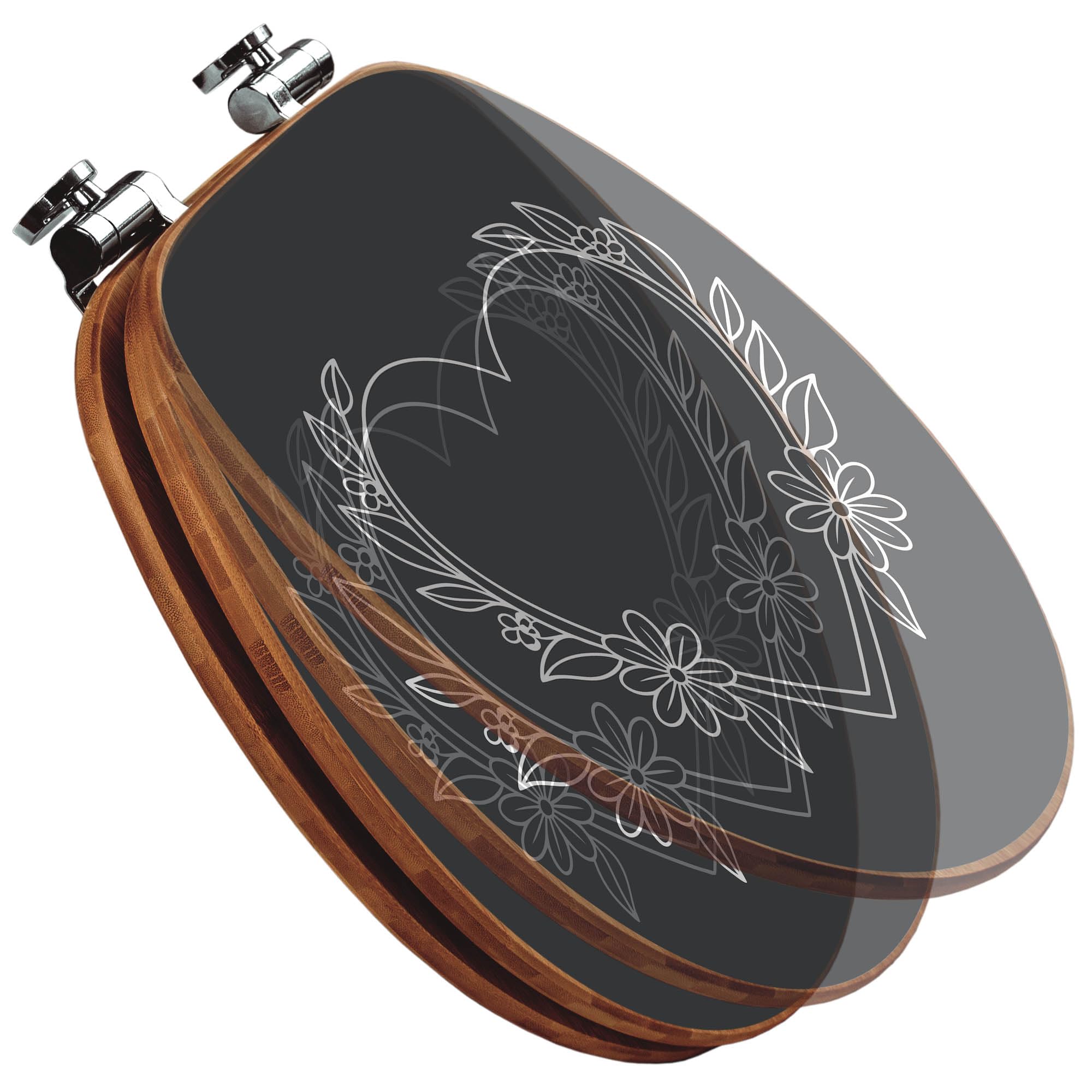 banjado Design WC Sitz Bambus Absenkautomatik 45,8x37,5cm - Toilettendeckel mit Absenkautomatik Holz - hochwertiger Bambus Klodeckel - WC-Sitz für gängigen Toiletten - Motiv Florales Herzdesign