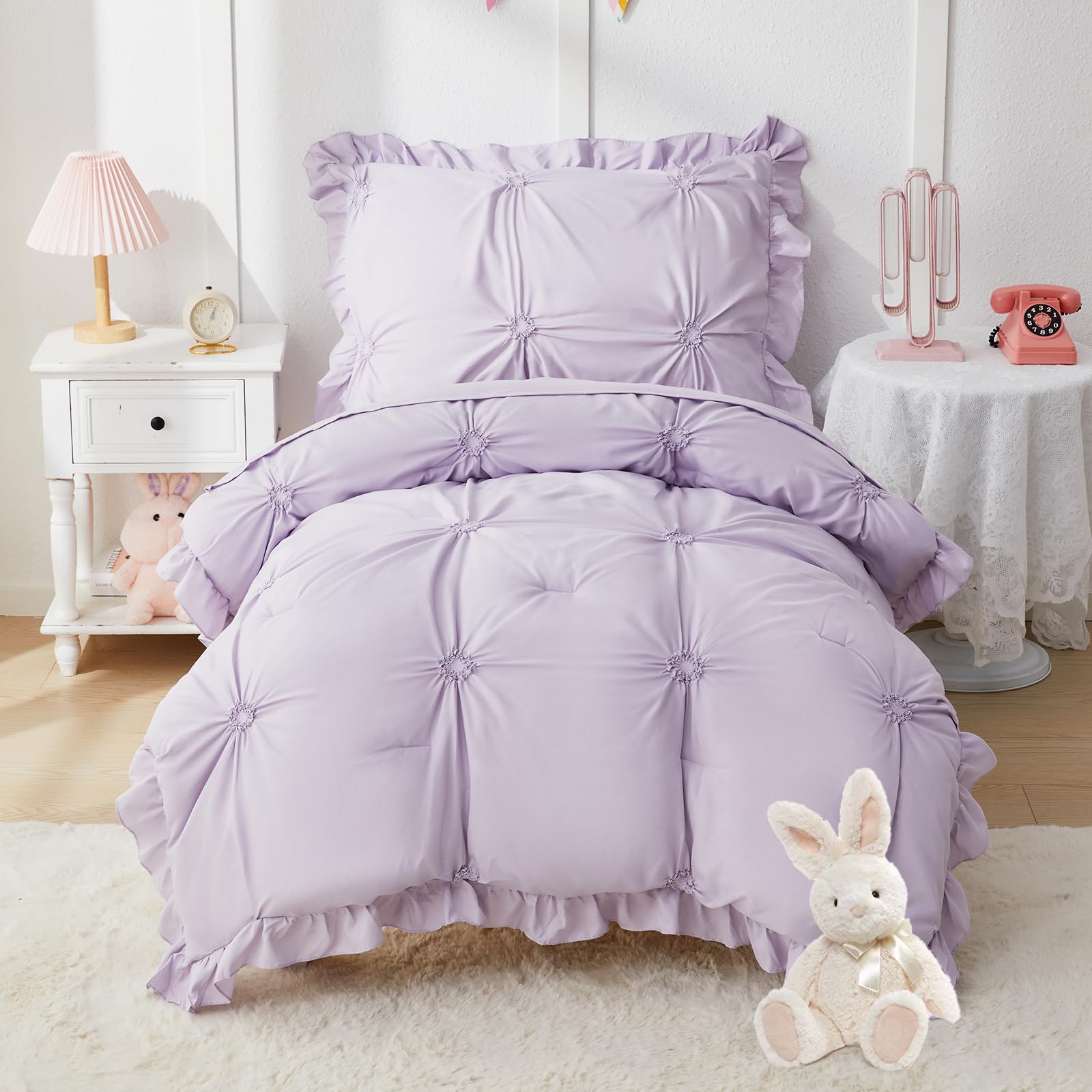 Princess Toddler Bedding Set for Girls, Boho Toddler Tufted Bed Set, 4 Pieces Ruffles Jacquard Embroidery Toddler Girl Comforter with Comforter, Fitted Sheet, Flat Sheet and Pillowcase-image-34