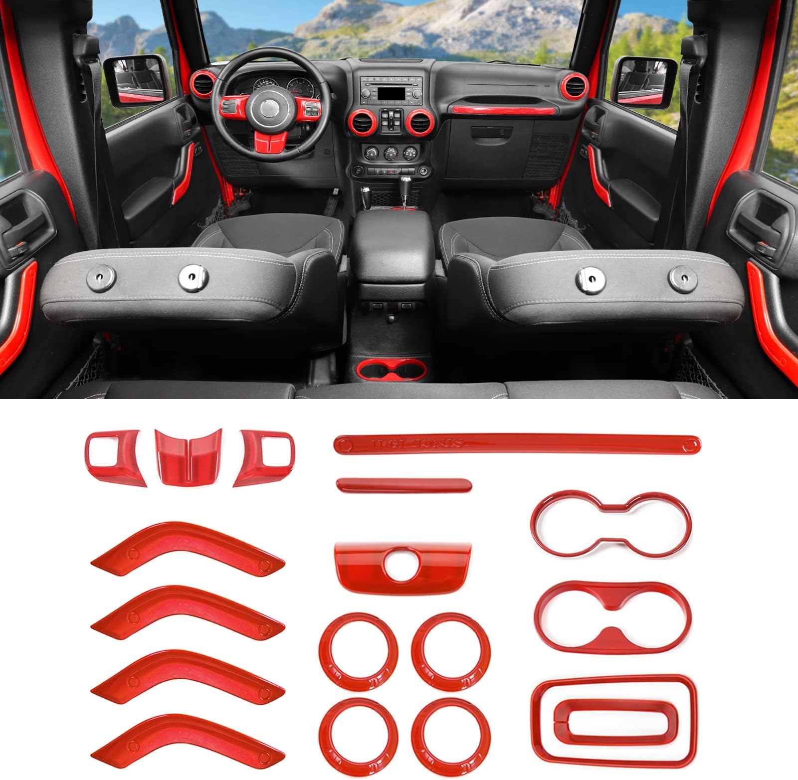 18PCS Full Set Interior Trim Kit for Jeep Wrangler JK JKU 2011-2018 4 Door,Center Console Door Handle Side Outlet Cup Holder Gear Cover Trim (Red)