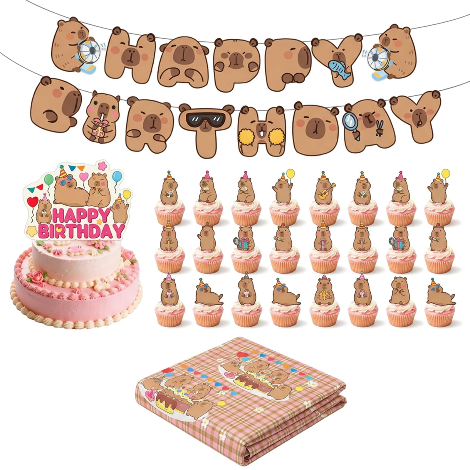 27pcs Capybara Birthday Decorations Kit, Complete Party Set with Cake Toppers and Table Decor, Animal Themed Celebration Supplies for Events, Includes Bunting Flag,Cake Picks and Large Centerpiece