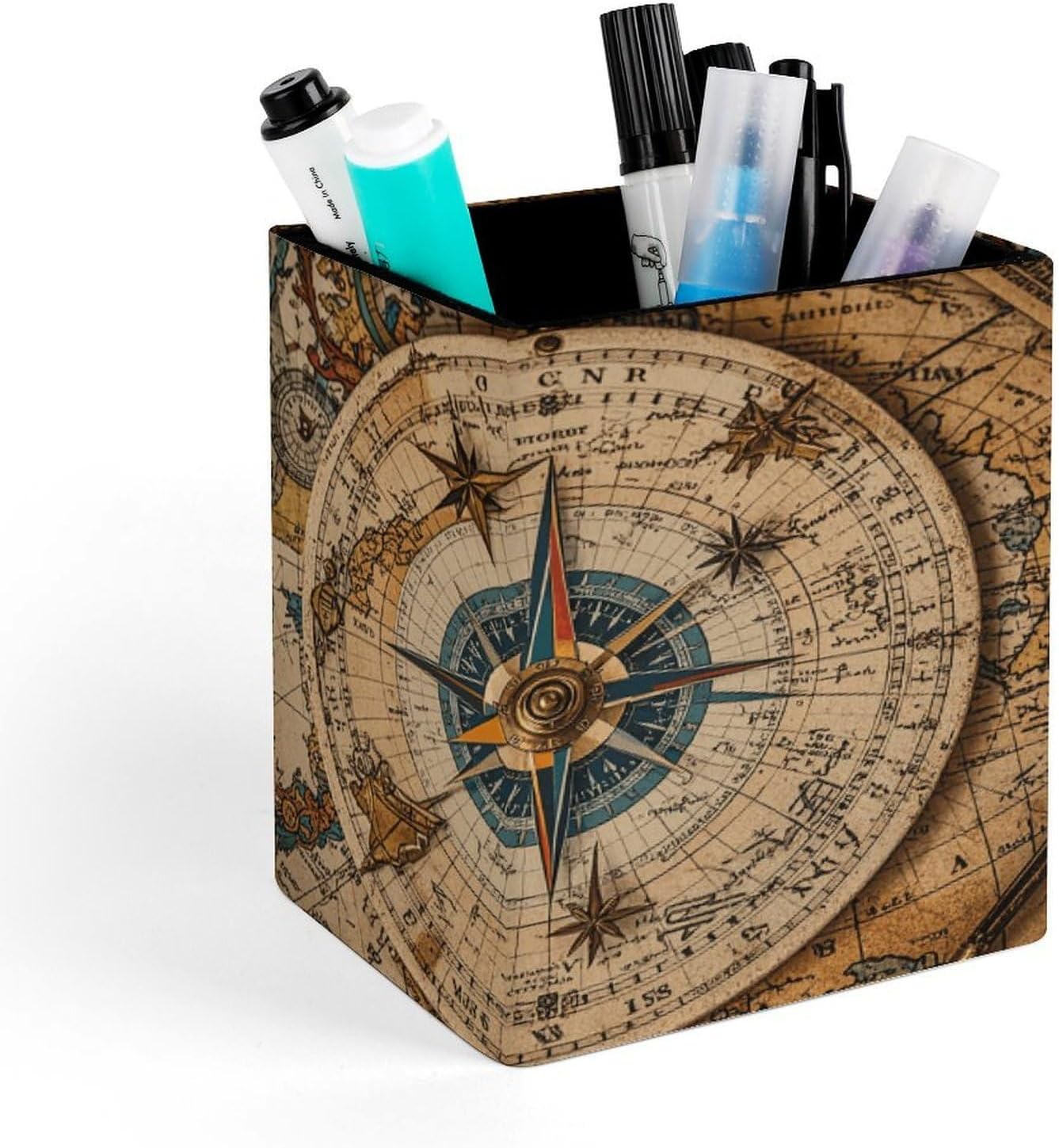 PU Leather Desk Compass World Map Pen Holder Compact Scratchproof