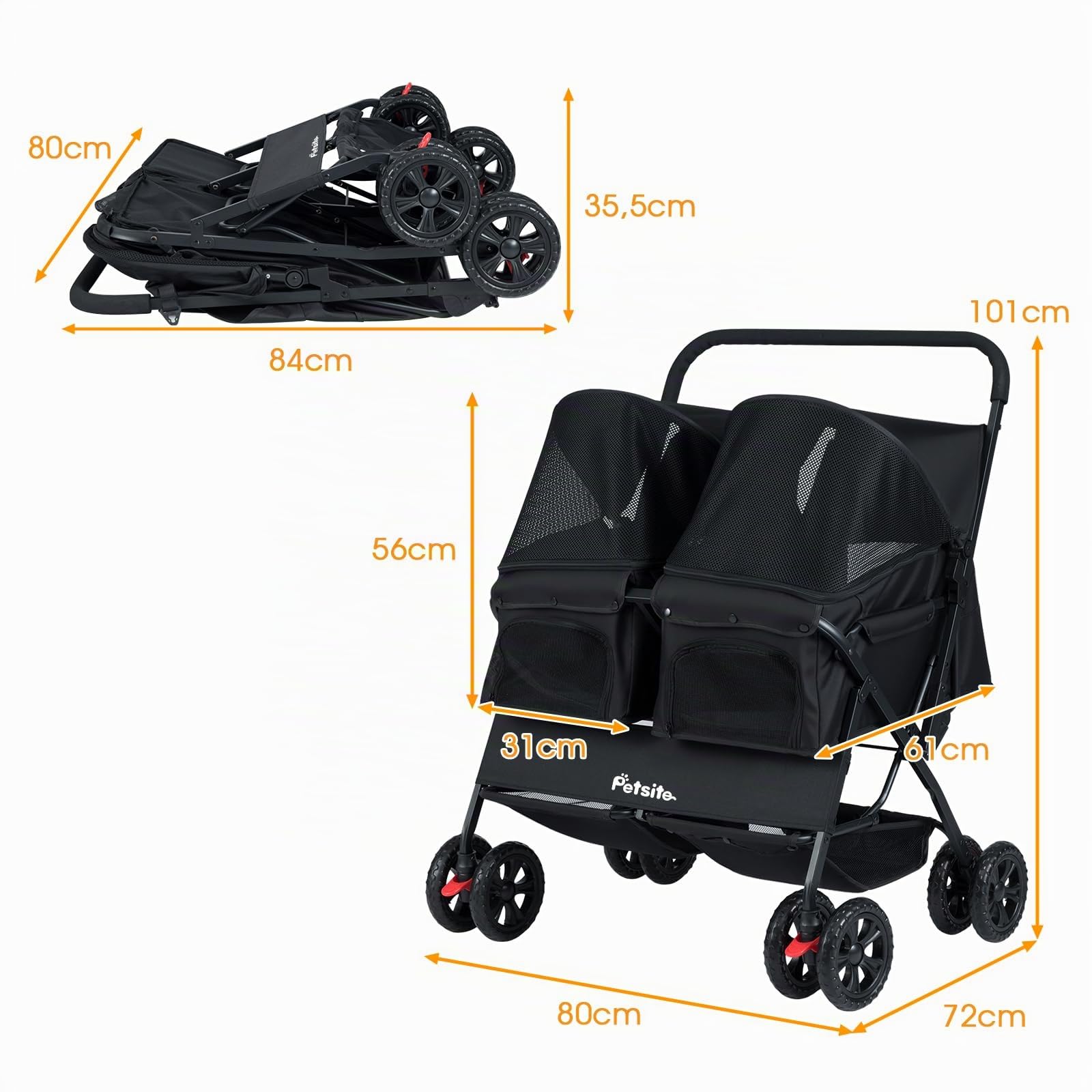 GYMAX Cochecito Doble para Perros Plegable, Cochecito Ligero para 2 Mascotas con Almacenaje y Protección Solar Ajustable, Coche para Gatos con Cinturón de Seguridad (Negro)