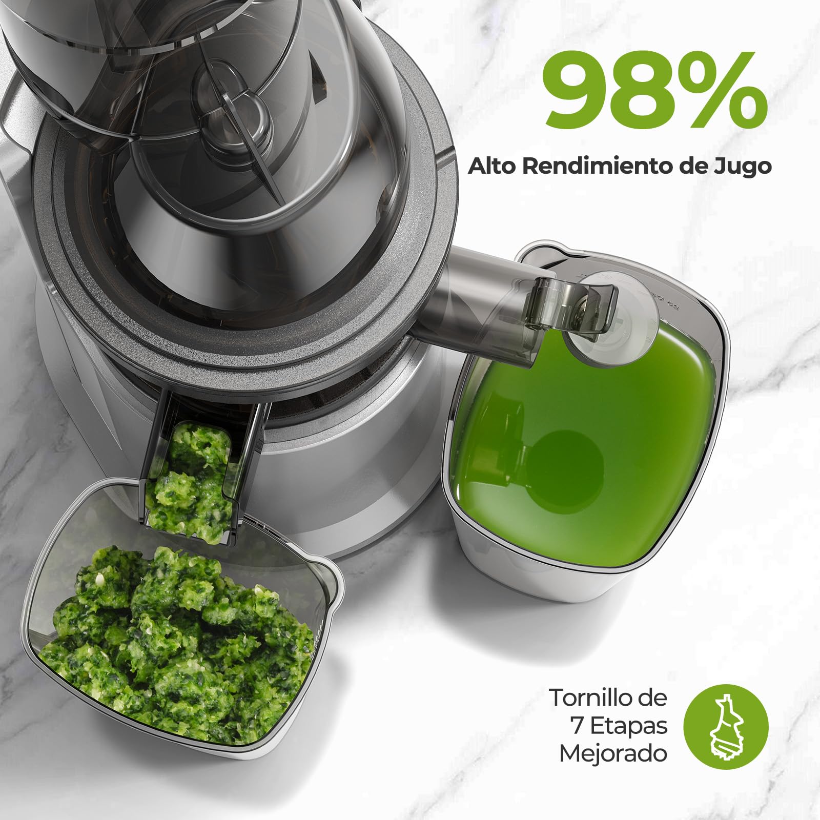 AIRMSEN Extractor de Zumos y Verduras, 82MM Apertura Extractor de Jugo para Verduras y Frutas Enteras, Licuadora Prensado en Frío Slow Juicer Sin BPA, Fácil de Instalar, 150W (Plata)