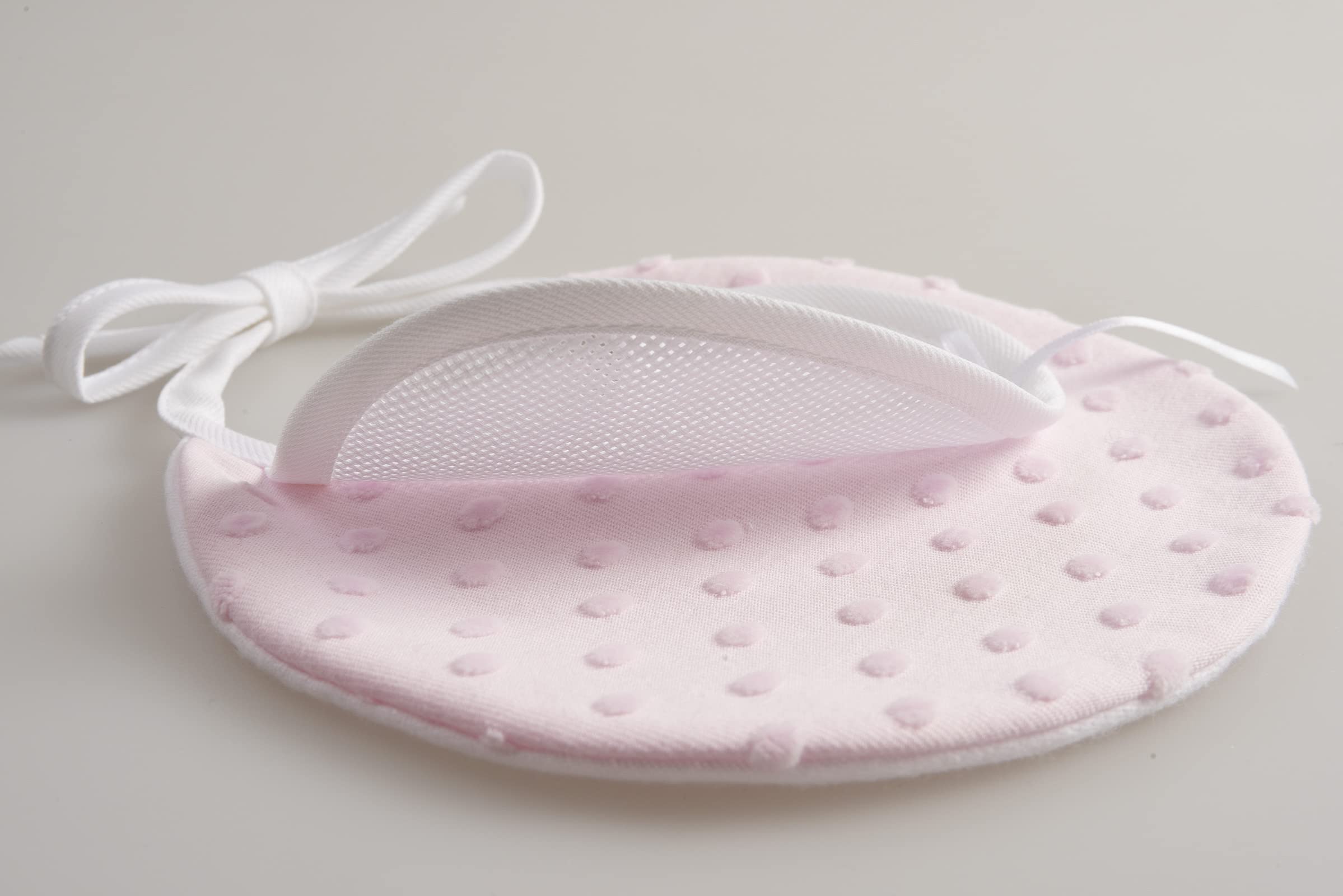 Bavaglino Tondo Neonato Morbido Tessuto Pois Effetto 3D Tela Aida Ricamare Chiusura Laccetti Rosa Made in Italy
