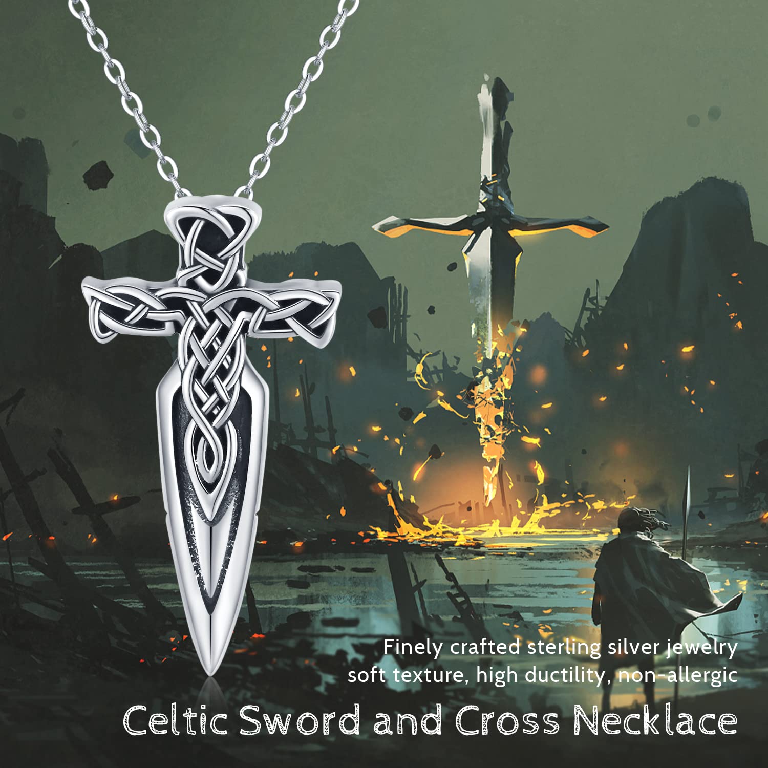 Collar de espada para hombre, plata de ley 925, nudo celta negro, colgante de espada de ángel guardián, collar de cruz, joyería gótica retro vikinga, regalo para hombres, novios y mujeres, Plata