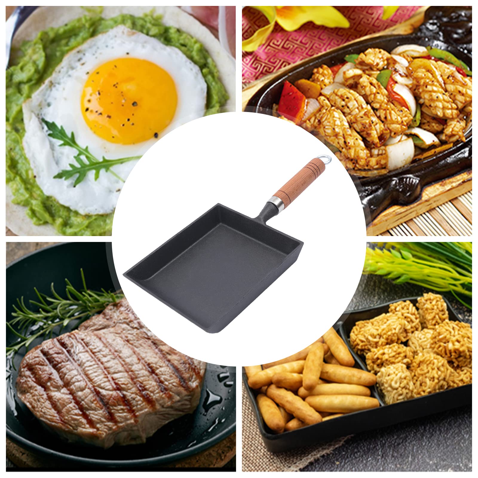 Tamagoyaki omeletpan, mini-braadpan, gietijzer, rechthoekig, Japanse pan, met houten handvat, niet gecoat, voor snel ontbijt Tamagoyaki