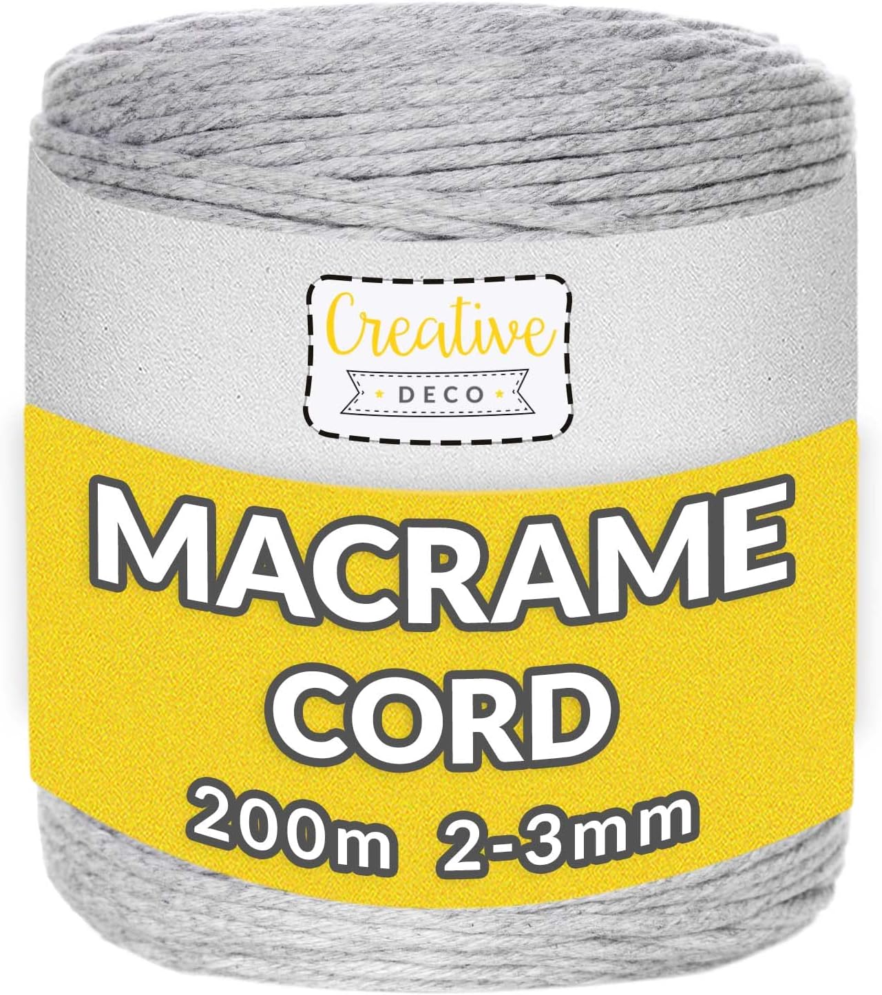 Creative Deco 656 Feet Light Grey Macrame Cord | 0.07-0.11 in Thickness 30 Ply | Cotton-Polyester Rope String Yarn Twine Elastic | Perfect for Arts Crafts DIY Knitting Gift Wrapping | Thick & Strong