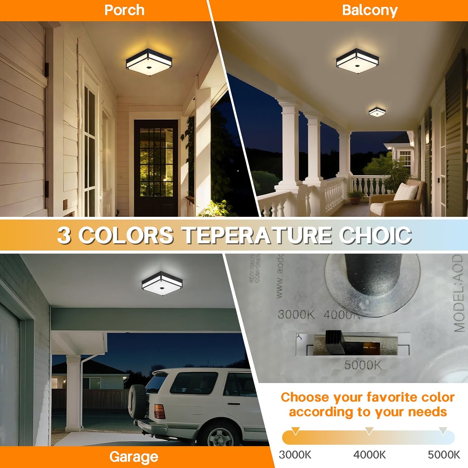 Motion Sensor Outdoor Light, Flush Mount Ceiling Fixture with 24W LED, Dusk to Dawn, Adjustable 3CCT, Black Exterior with Acrylic Diffuser, for Porch, Garage, Entryway, Patio Lighting