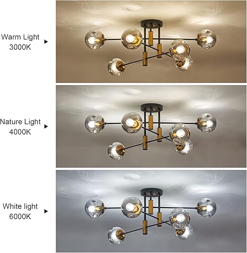 Miniatura 6 de Candelabro Sputnik de 6 luces con forma de globo de vidrio moderno mate negro y dorado, lámpara de techo vintage colgantes para casa de campo, sala