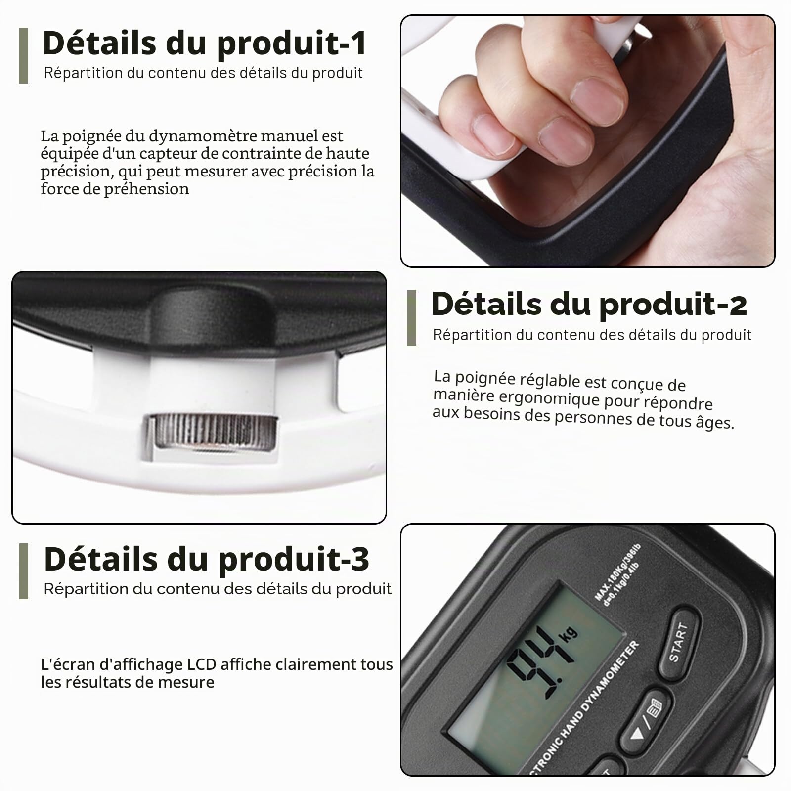 Dynamomètre numérique 180 kg appareil de mesure électronique écran LED entraînement USB intelligent et sensible (noir)
