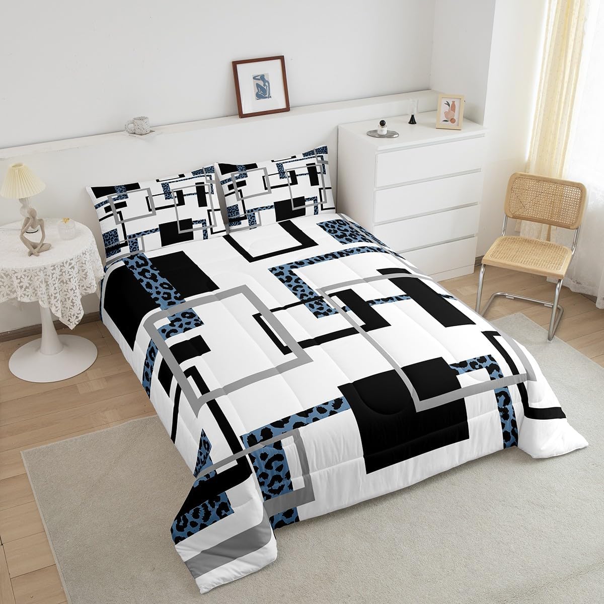 Erosebridal Mid Century Queen Comforter Set for Adult Black Blue Striped Bedding,Modern Cheetah Print Bedding Comforter Sets,Black Grey Reversible Quilt with 2 Pillowcases