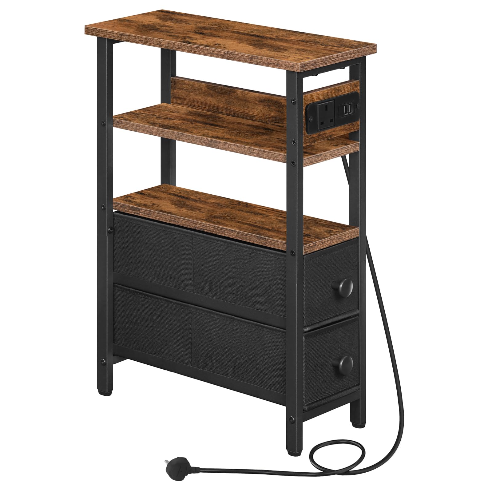HOOBRO Side Table with Charging Station, Narrow Side Table with 2 Non-Woven Drawers, USB Ports and Power Outlet, 40 x 18 x 60 cm Slim Bedside Table for Small Space, Rustic Brown and Black EBF132KBZ01