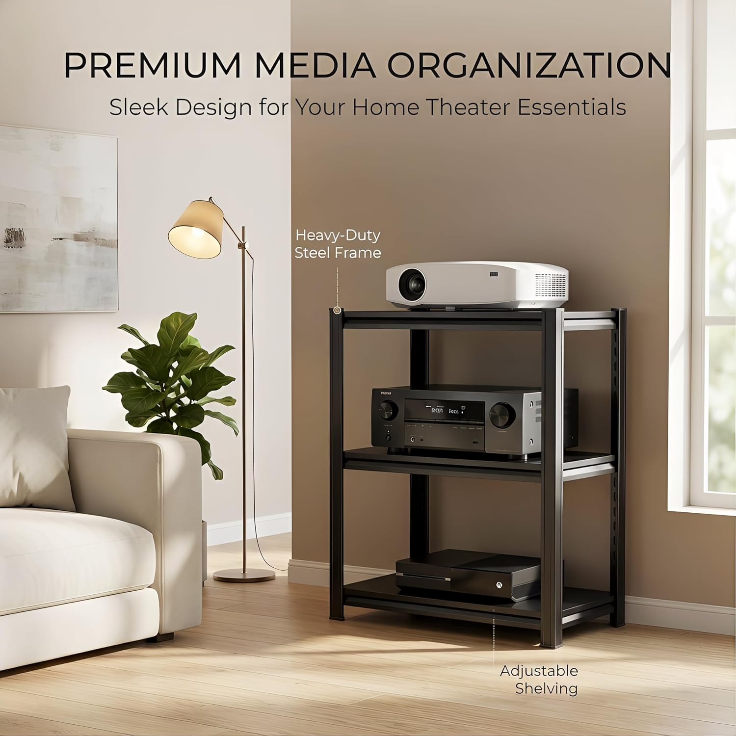 2 in 1 AV Media Player Stand, Black Adjustable Stereo Cabinet, 23.6" W Metal TV Stand, Game Console Shelf, Small Media Entertainment Center for Home, Conference Room, Game Studio