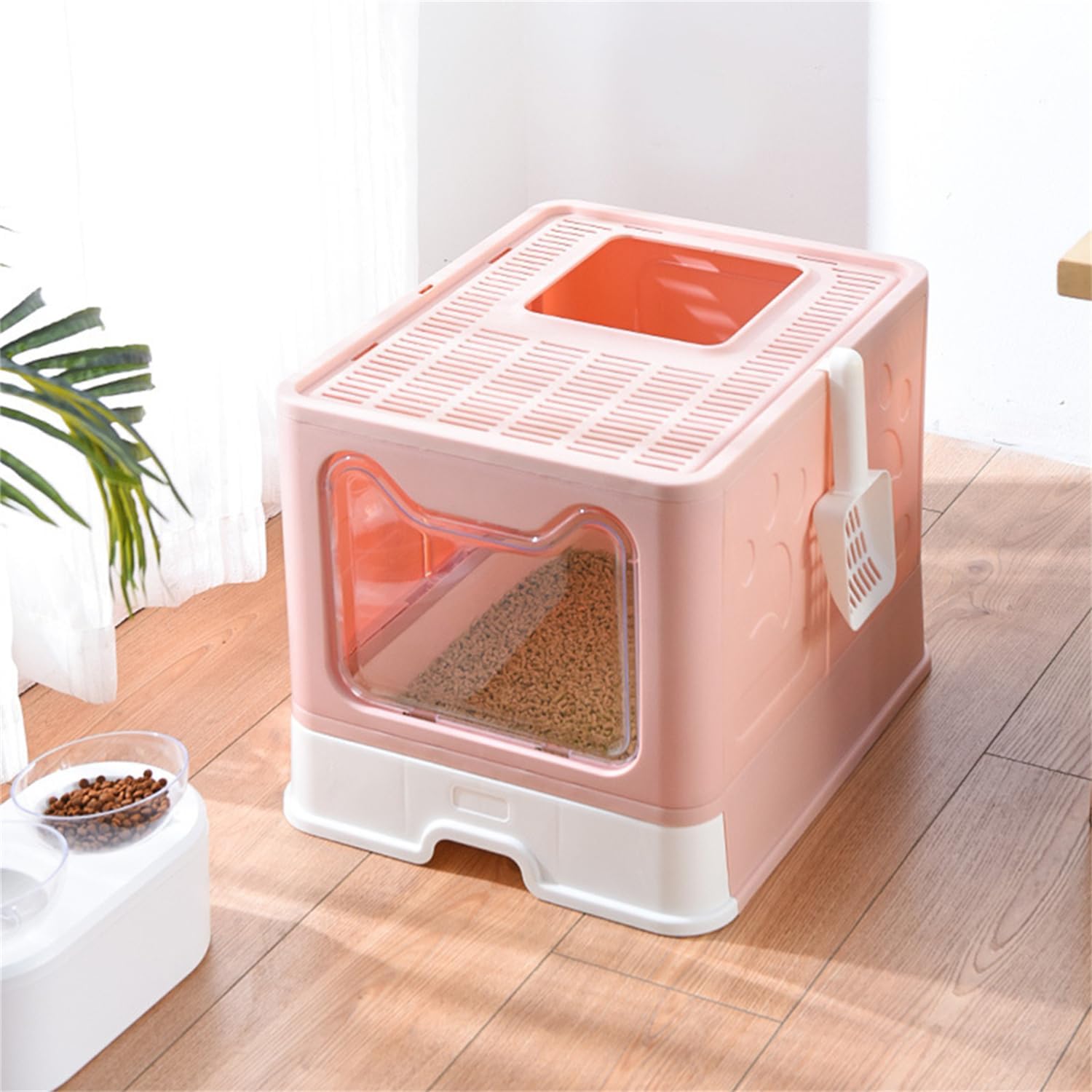 Grande Maison Deles - Lettiera pieghevole con coperchio rimovibile e paletta per gatti di grandi dimensioni (51 x 41 x 38 cm, rosa)