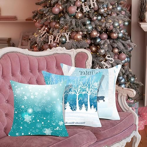 Miniatura 2 de EUBUY Juego de 4 fundas de almohada decorativas de Navidad de 18 x 18 pulgadas, fundas cuadradas de almohada de la serie Blue Snow de Feliz Navidad,