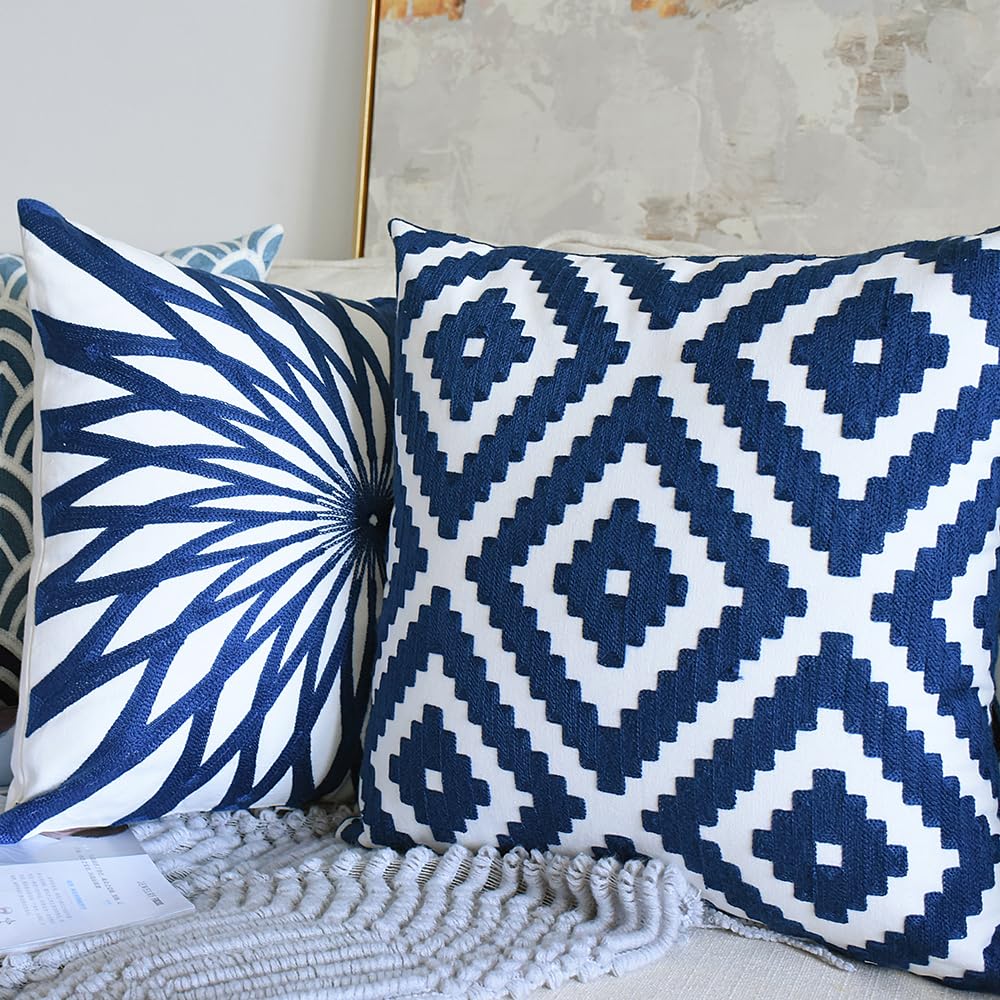 BAOKU Blue Rectangle Throw Pillow Cover 18x18 Inch for Couch Sofa Living Room Decorative Embroidered Accent Throw Pillows Case Cushion Covers 1 Piece - Image 3