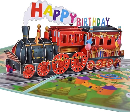 GREETING ART Happy Birthday Train Pop Up Card,3D Greeting Card for Birthday,Birthday Gift,Pop Up Birthday Card for Kids Boys Men Grandson Friends…