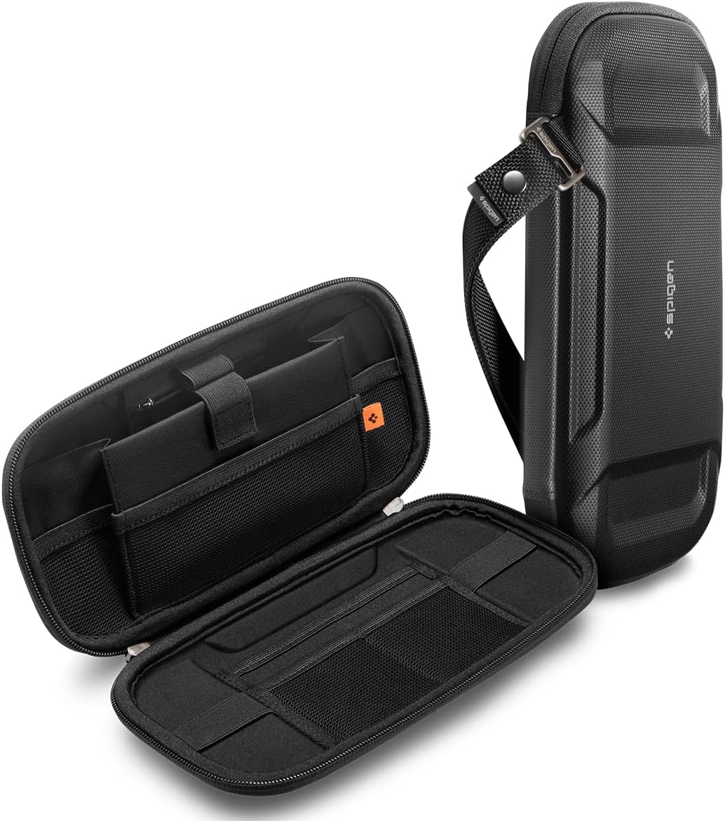 Spigen Life Slim Rugged Armor Pro Hard Shell Portable Cable Organizer Bag Compact Carrying Case Electronic Accessories Power Adapters Travel Small Storage for Cords, Chargers, USB, SD Card - Black