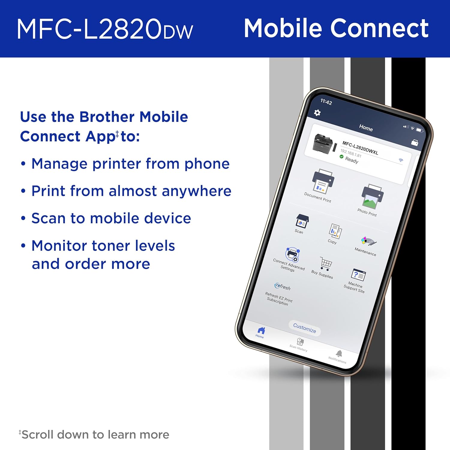 Brother Wireless MFC-L2820DW Compact Black & White All-in-One Laser Printer TN830XL2PK Bundle with Copy, Scan and Fax, Duplex and Mobile Printing, Refresh Subscription Ready
