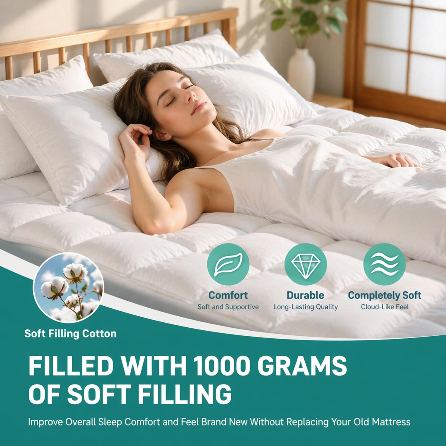 Premium Quilted 1000GSM Luxury Extra Thick Mattress Topper, King Size Cooling Mattress Pad, Overfilled Plush, Cloud-Like Comfort, Breathable, 8-21" Deep Pocket (White, Twin) - 2