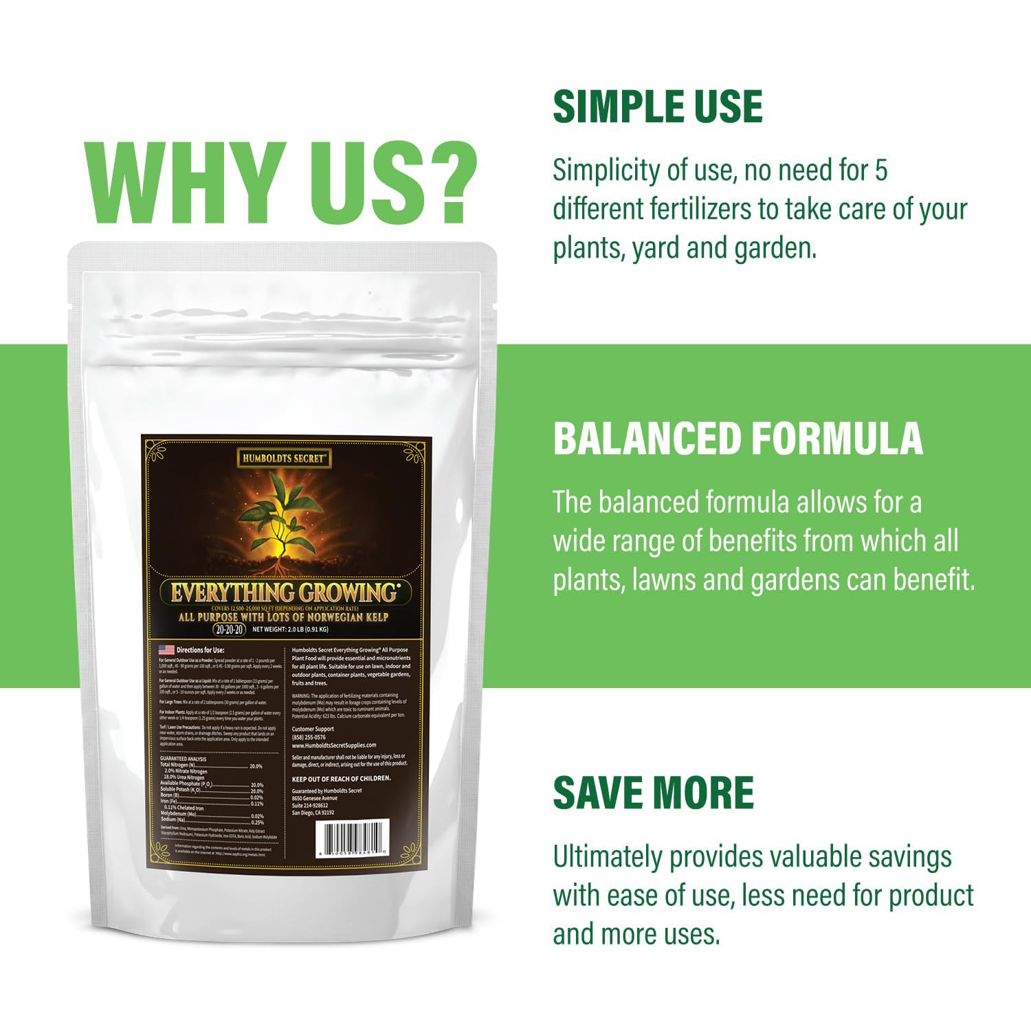 Humboldts Secret Everything Growing Plant Food 20-20-20 Plant Fertilizer - Lawns, Gardens, House Plants (2 lb) w/Everything Outdoor Plant Food - 5-5-5 Liquid Fertilizer with Kelp (32 Ounce)