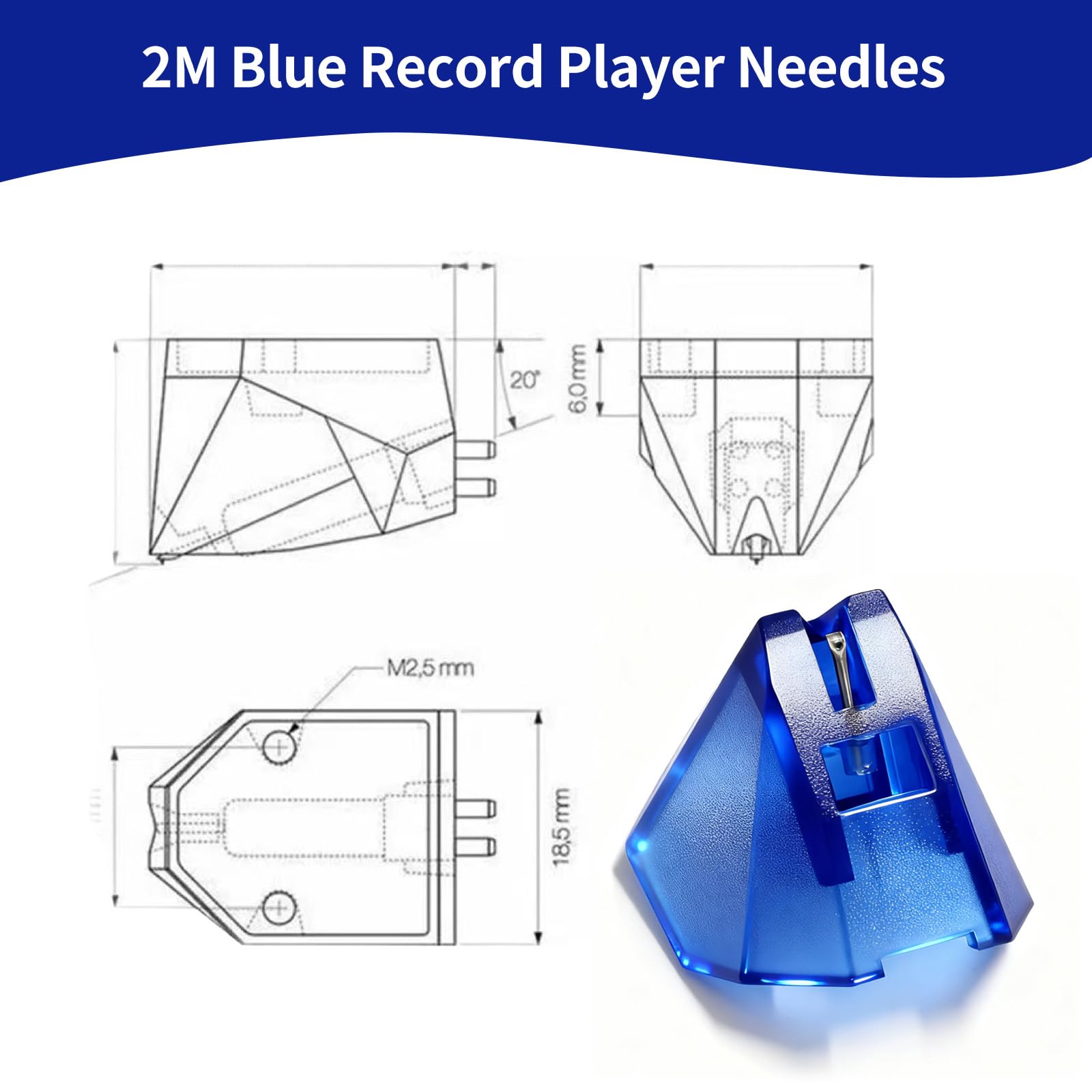 Stilo di ricambio blu da 2 m, compatibile con Ortofon, punta ellittica a diamante nudo, qualità del suono ripristinata, aghi di ricambio per giradischi da 2 m blu e 2 m cartuccia rossa