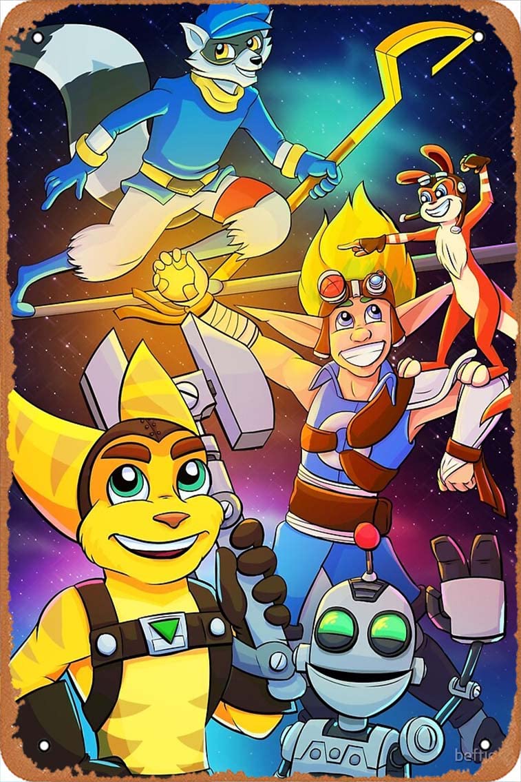 Yzixulet Playstation 2 Stars - Sly Cooper - Ratchet and Clank - Jak and Daxter Poster Vintage Retro Metal Sign 8x12 Inch Man Cave Home Wall Decor