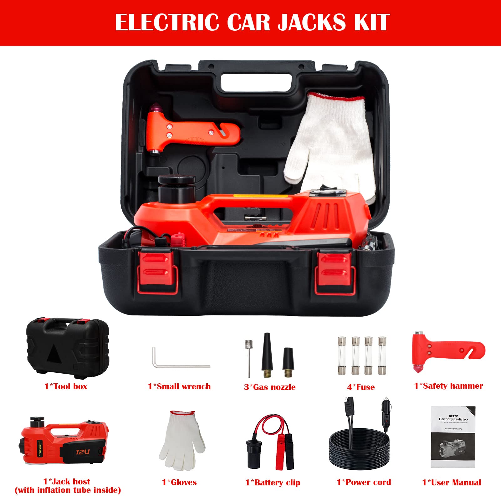 Mejorado Juego de Gato Hidráulico Eléctrico, 5T 12 V Gato Elevador Eléctrico, Juego de Gato Hidráulico, Cambio de Neumáticos, Llave de Impacto para SUV, Furgoneta, Garaje, Llave de Impacto