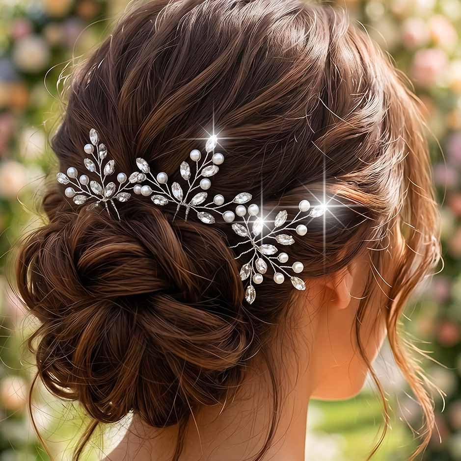 Rhinestone Wedding Hair Pins Pearl Hair Clips Accessories for Brides and Women（Pack of 3）