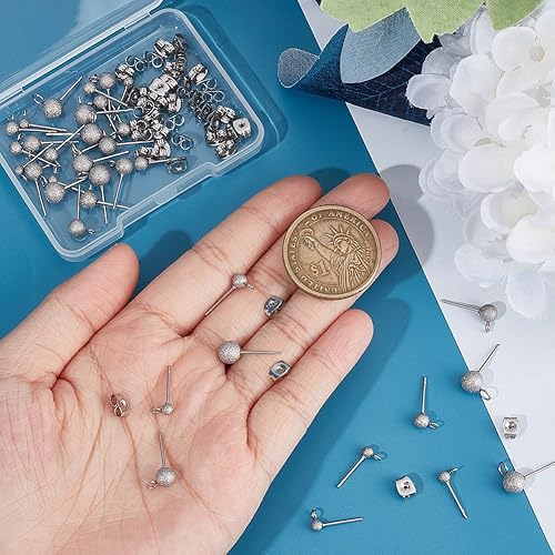 Miniatura 4 de UNICRAFTALE 40 piezas de aretes de bola texturizados de 4 tamaños, aretes de acero inoxidable 304 con tuercas y bucles horizontales,