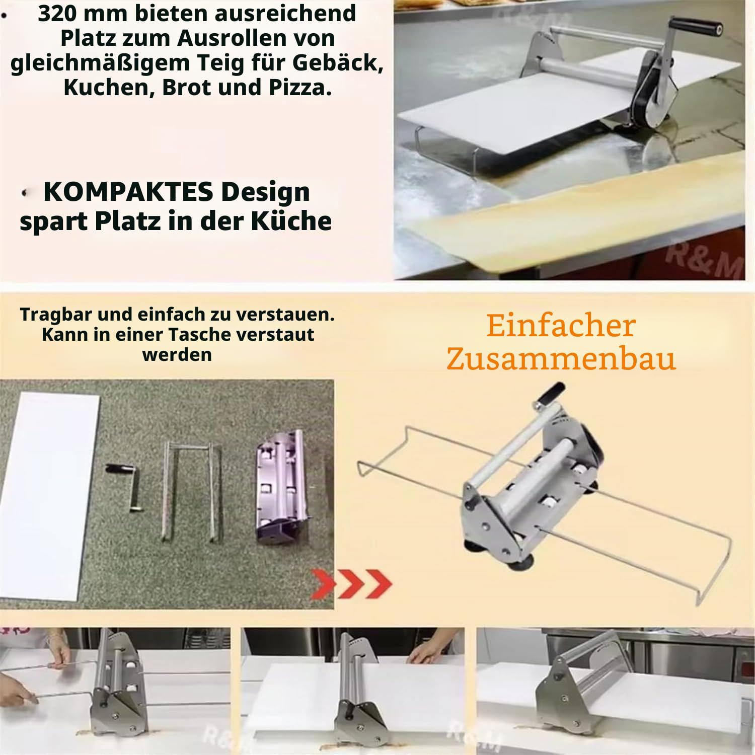 Faltbare Teigausrollmaschine – Manuelle Teigausrollmaschine mit einstellbarer Teigstärke, Ausrollbrett für Pizza, Croissants, Gebäck und Fondant, Tischgerät,Rs101