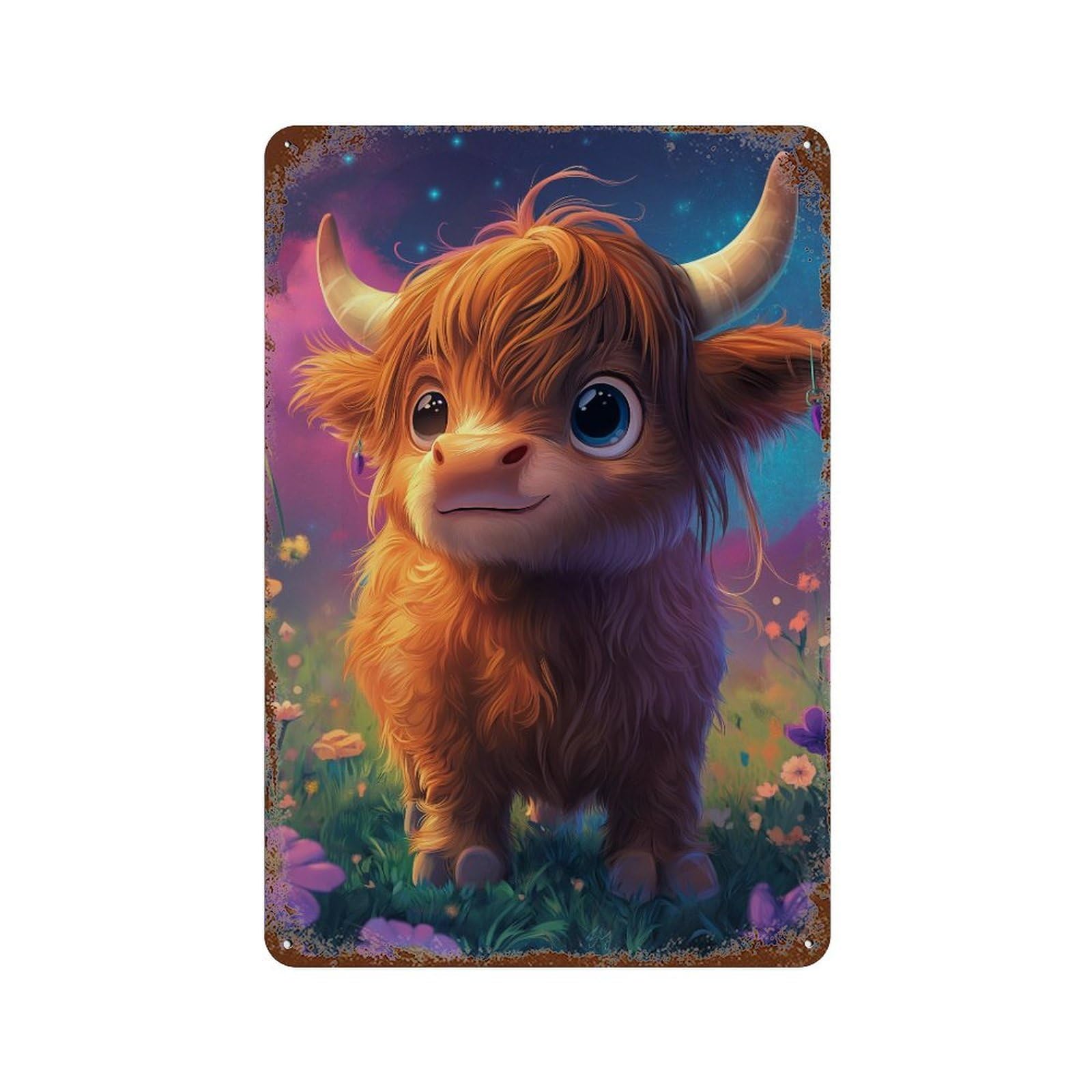 Fantasy Highland Cow Art Print Rusty Metal Tin Sign 11.8"x7.9", Vintage Wall Decor for Garage, Pub Or Kitchen
