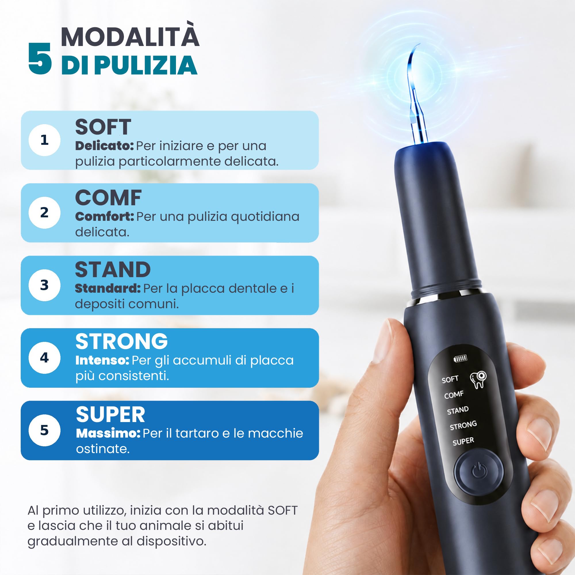 Boston Tech DENTRA Ablatore Tartaro Ultrasuoni, Pulitore Denti Elettrico per Rimuovere Placca e Tartaro, Kit Pulizia Denti con 5 modalità, Ricarica Type-C e Spegnimento Automatico 10 Minuti