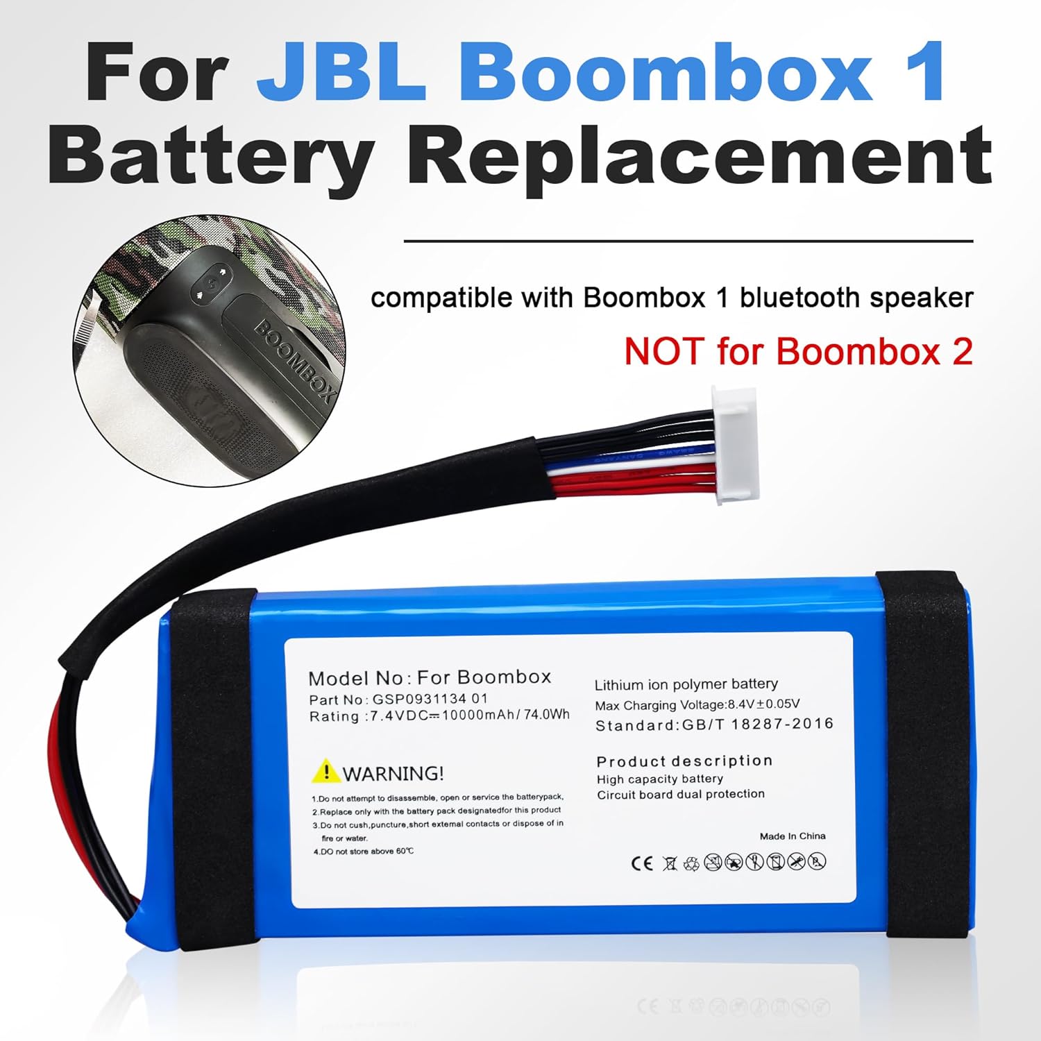 for JBL Boombox 1 Battery Replacement: Boombox 1st Boombox1 GSP0931134 01 Bluetooth Speaker Battery 7.4V 10000mAh (NOT for Boombox 2) - Image 2