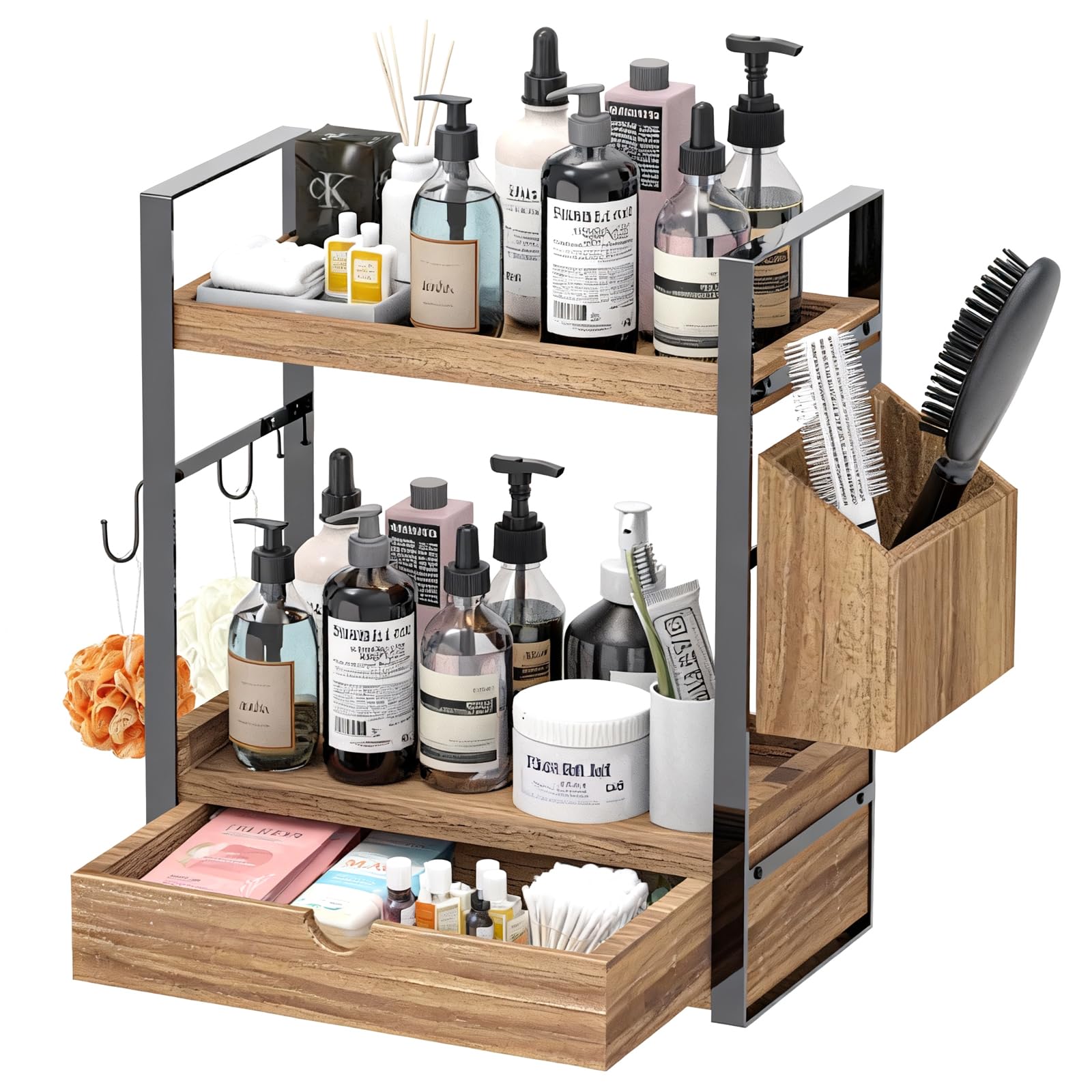 Photo 1 of 2-Tired Bathroom Counter Organizers and Storage, Bathroom Countertop Organizer with Drawer, Solid Wood Skincare Perfume Organizer for Vanity Kitchen Corner Shelf Office Countertop (Drak Brown)